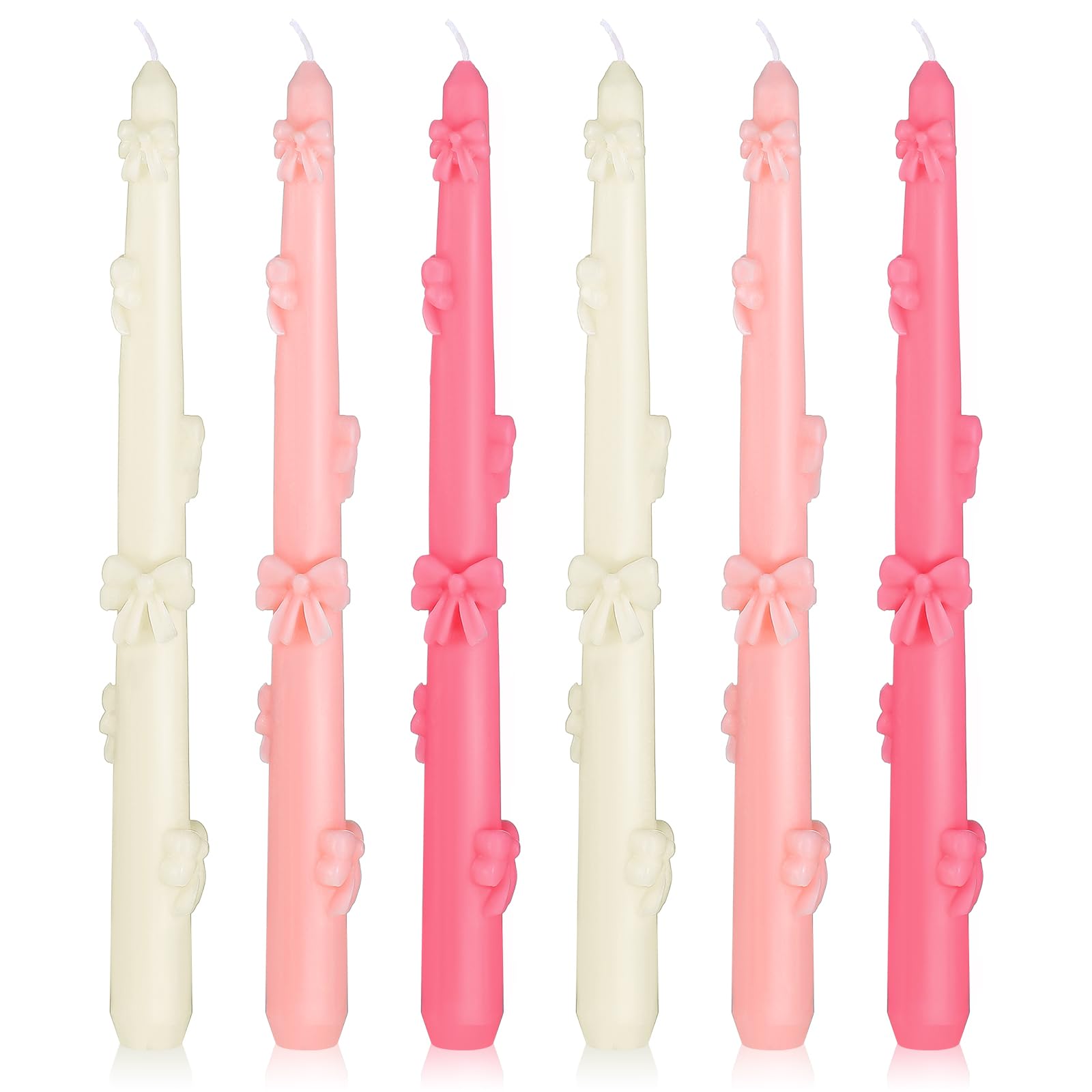 MTLEE 6 Pack Bow Coquette Taper Candle Decor Pink White Aesthetic Wax Candle for Dinner Wedding Couple Anniversary Mother's Day Party Girly Apartment Decor