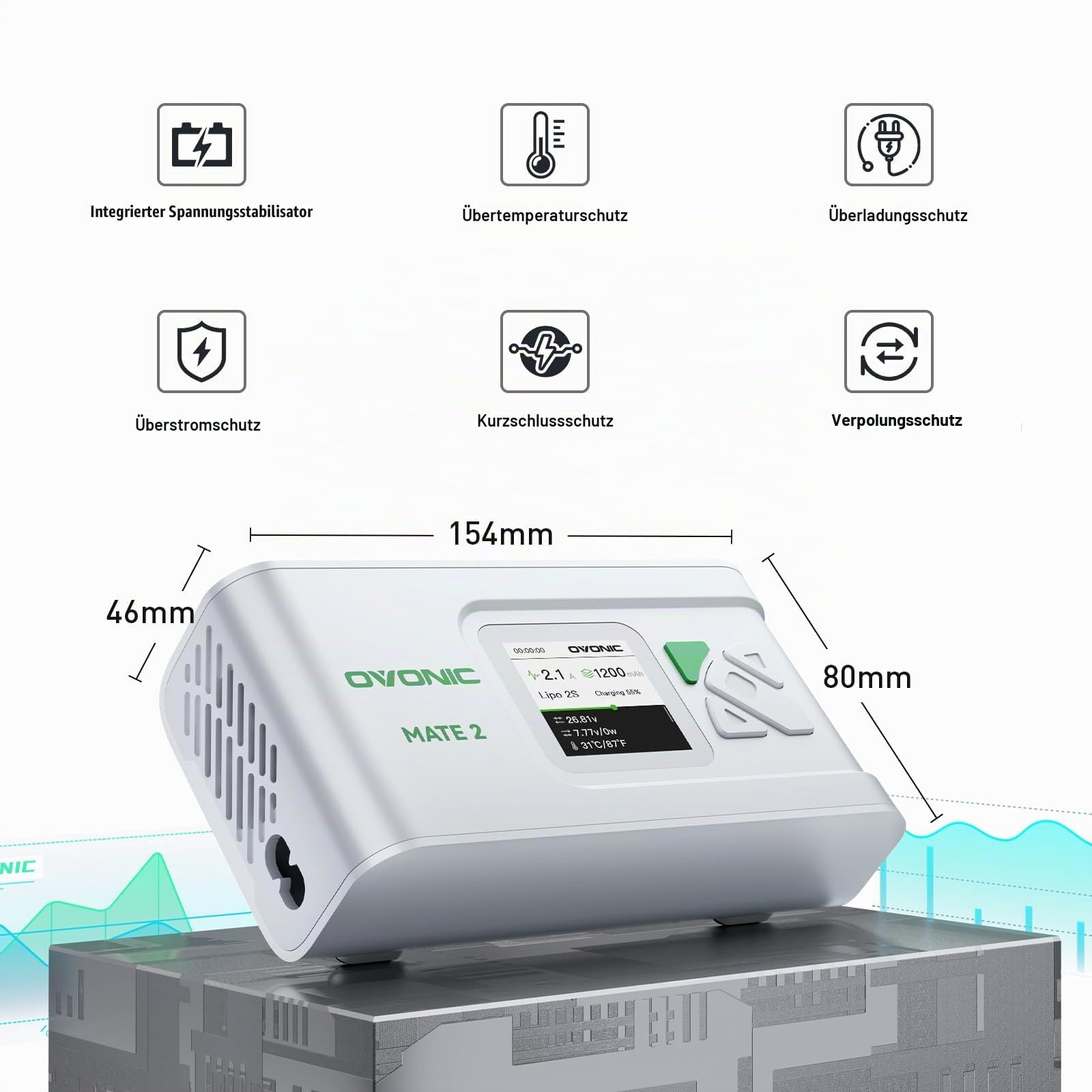 OVONIC Smart Akkuladegerät AC 200W 12A LiPo Balance-Ladegerät für LiPo/Li-Ion/LiHV/Life (2–6S) und NiMH (4–15S) Weiß Mate2