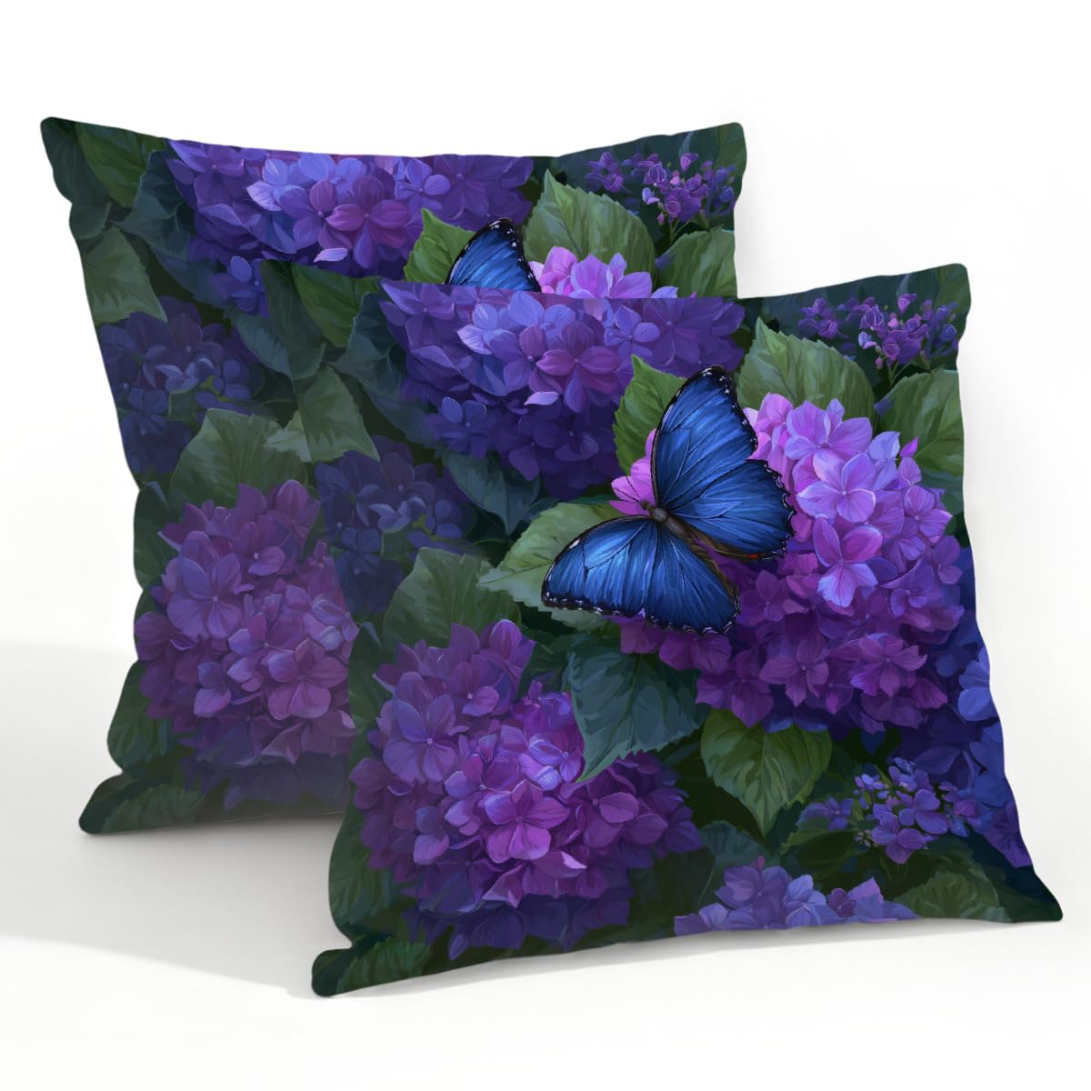 Outdoor Pillow Covers Waterproof Pillowcases 22x22in Set of 2 Butterfly On Blossom Hydrangea Decorative Throw Cushion Case for Couch Sofa Garden Patio Furniture