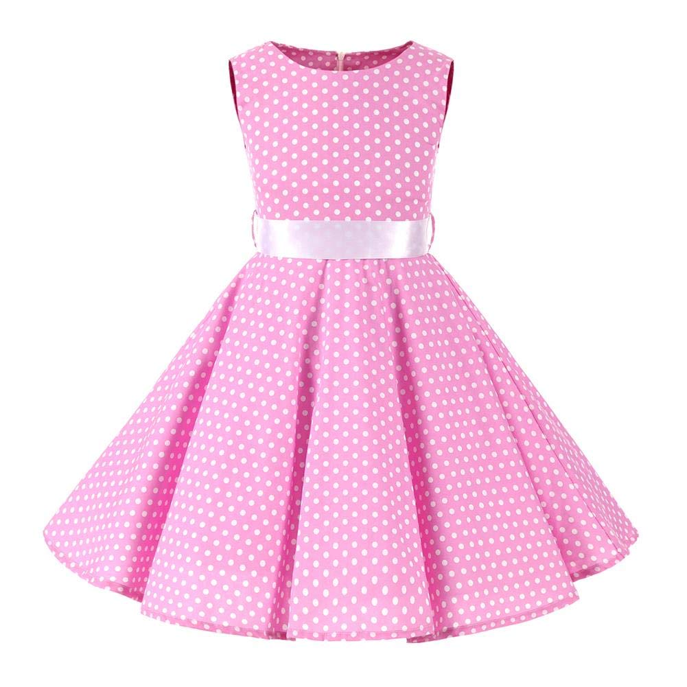 Vestito estivo da bambina con stampa floreale, stile vintage anni '50, a pois, vestito da principessa, in cotone, per matrimonio, compleanno, serata, linea A, senza maniche, con cintura
