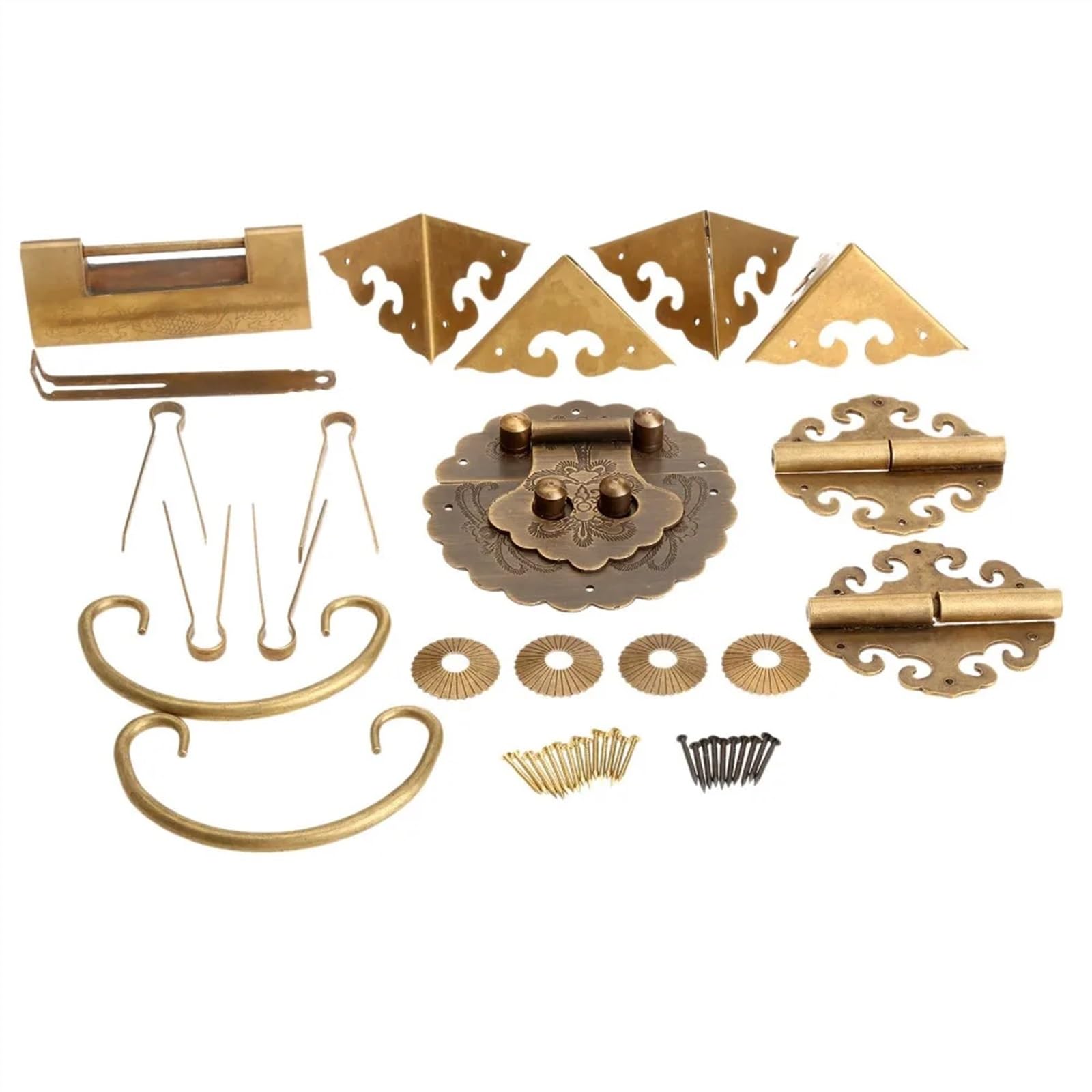 Juego de herrajes for Muebles de latón, perillas y manijas de Caja de Madera, bisagras, pestillo, Cerradura, Pasador en Forma de U y Protector de Esquinas