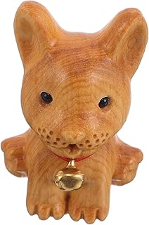 Cabilock Handmade Wooden Sculpture Miniature Corgi Statue with Bell Rustic Decorative Item for Garden and Desk