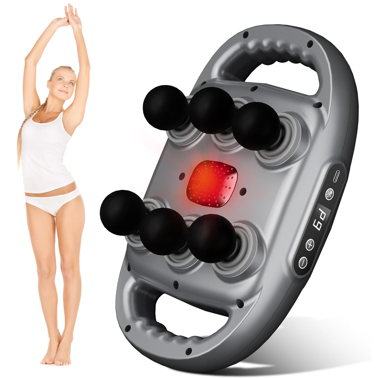 Pistola Massaggiante 6 Teste, 9 Livelli & 9 Modalità per Tessuti Profondi, Elettrico Massaggiatore per Schiena, Gambe, Braccia - Antidolore Muscolare, Regalo per Uomo/Donna