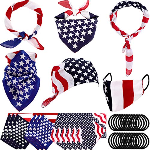 12 Pieces American Flag Bandana Headband Patriotic USA Flag Kerchief Scarf Accessory and 24 Elastic Rubber Hair Band