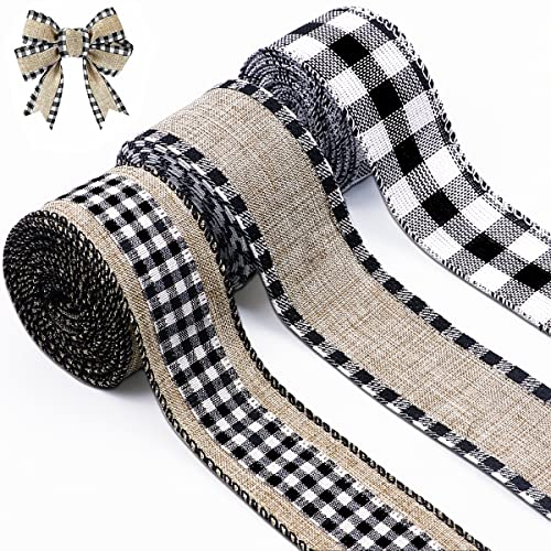 Buffalo Plaid Ribbon - 3 Rolls 9.9 Yards Wired Edge 1.5 Inch Width (Black and White) for Christmas Tree Wrapping Crafts & Decoration