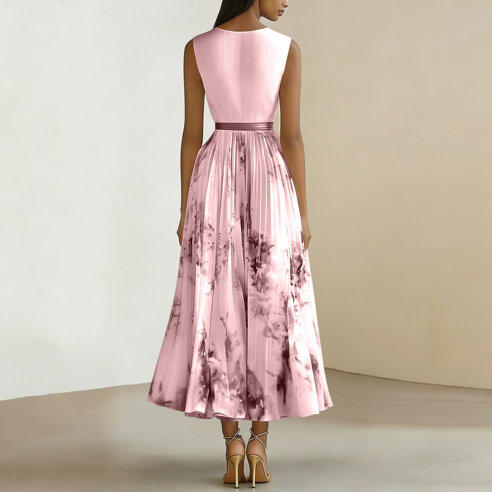 Plisseekleid Damen Lang Blumen Maxikleid Hochzeitsgast Damenkleider Elegant Faltenkleid Sommer Cocktailkleid Tailliert Abendkleid Festlich Kleid V Ausschnitt Blumenkleid Ärmellos