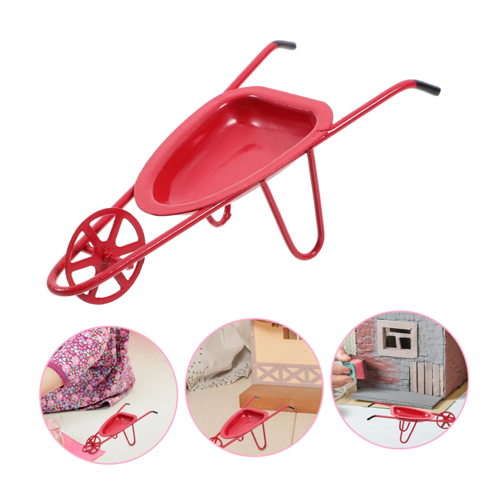 Gogogmee Doll House Cart Wheelbarrow Mini Stroller Model Miniature Wheelbarrow Toy Fairy Garden Wheelbarrow Dollhouse Farm Accessories Mini Cart Model Doll House Furniture Iron Red