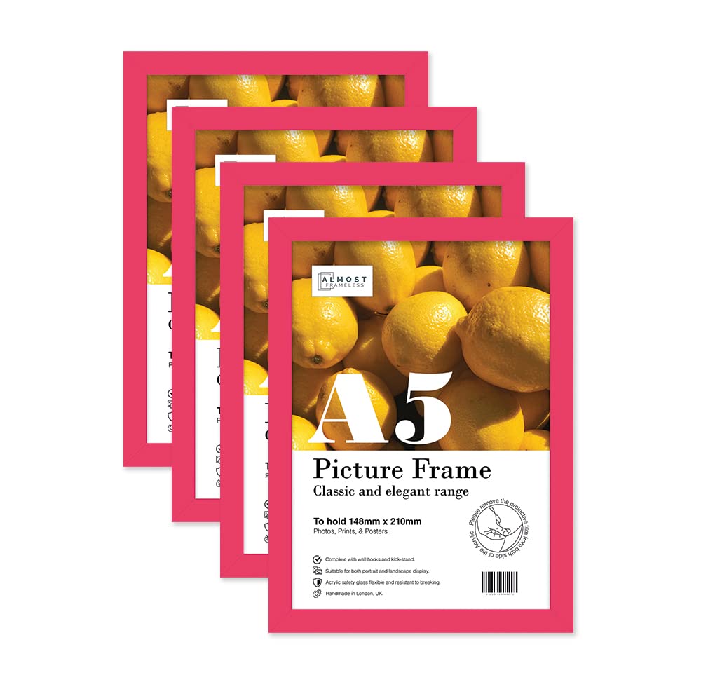 Almost Frameless A5 Bright Pink Picture Frame Set of 4, Display A5 Picture Gallery Wall, Poster, Photo, Artwork, or Print, Bright Pink