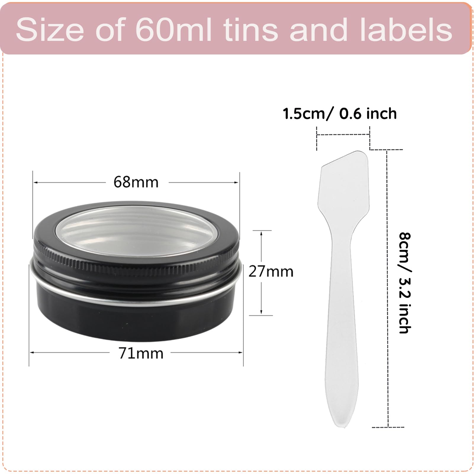 100 Piezas Tarros de Aluminio 60 ml Negro con Tapa Rosca Ventana – Lata Aluminio Redonda D68mm x H27mm – Botes Metálicos Pequeños para Cosmética, Velas DIY, Almacenamiento y Viaje