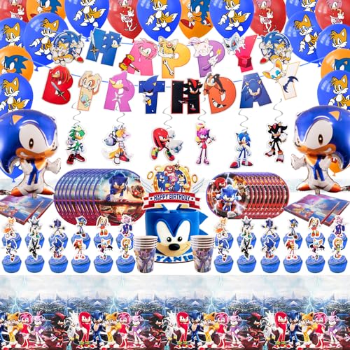 Suonic 133 PCS Theme Decorations - Birthday Banner Foil Balloons Paper Cups Cake Toppers Party Plates Tablecloth