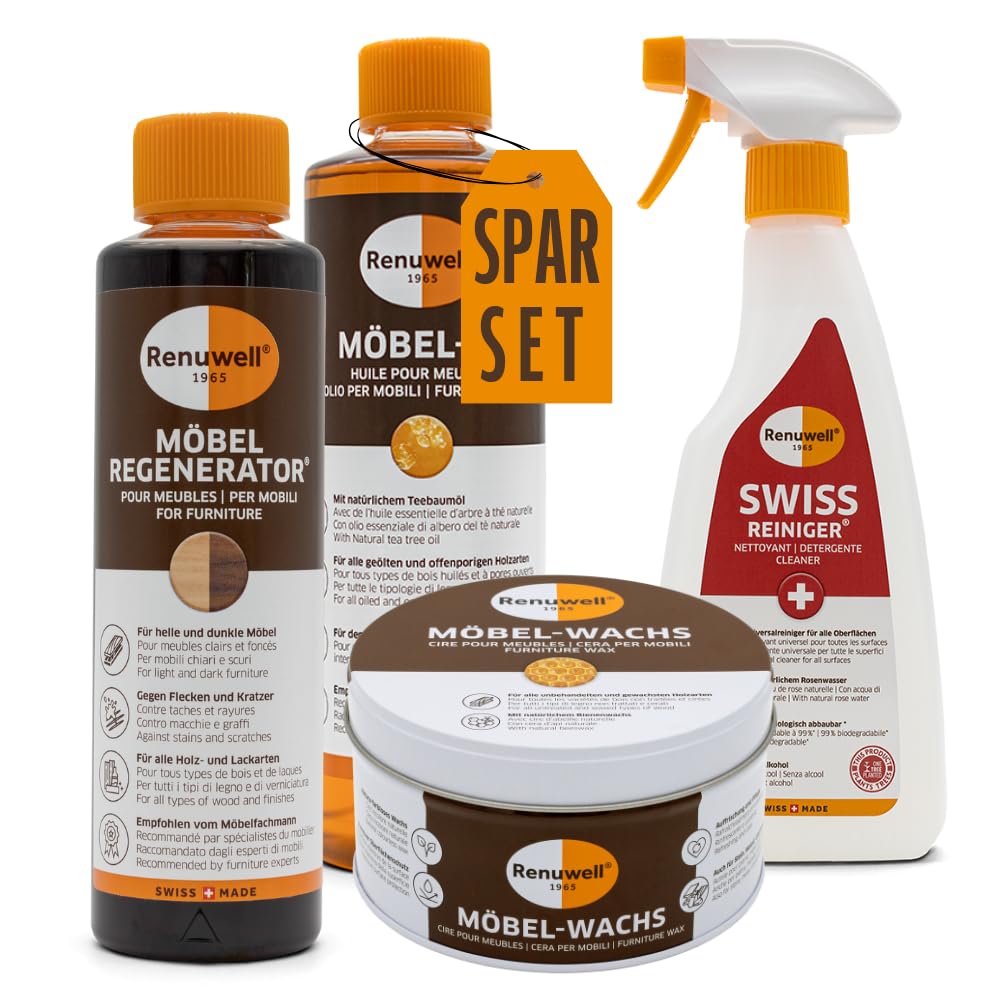 Renuwell Möbel-Regenerator, Möbel-Öl, Möbel-Wachs & Swiss Reiniger (jeweils 500 ml) – 4-teiliges Set zur intensiven Pflege, Reinigung und Schutz von Holz