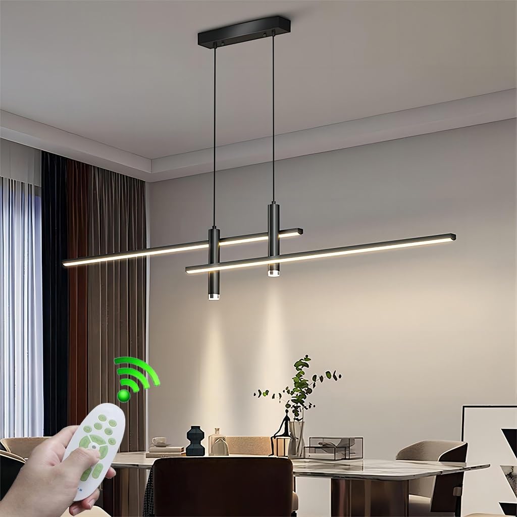 RuiRfh LED modern chandelier 60W dimmable linear dining room Pendant Light acrylic lampshade 120cm black height adjustable ceiling light with spotlight function suitable for kitchen island living room