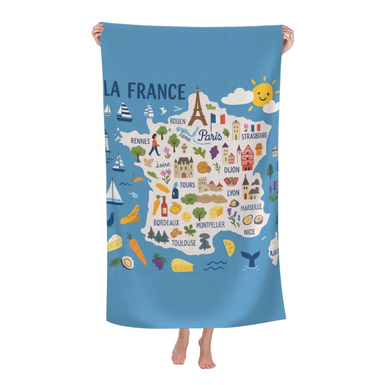 pojknbv France Map With Icons Decorat Print Oversized Adult Beach Towel Quick-Dry Comfortable Lightweight Travel Pool Camping