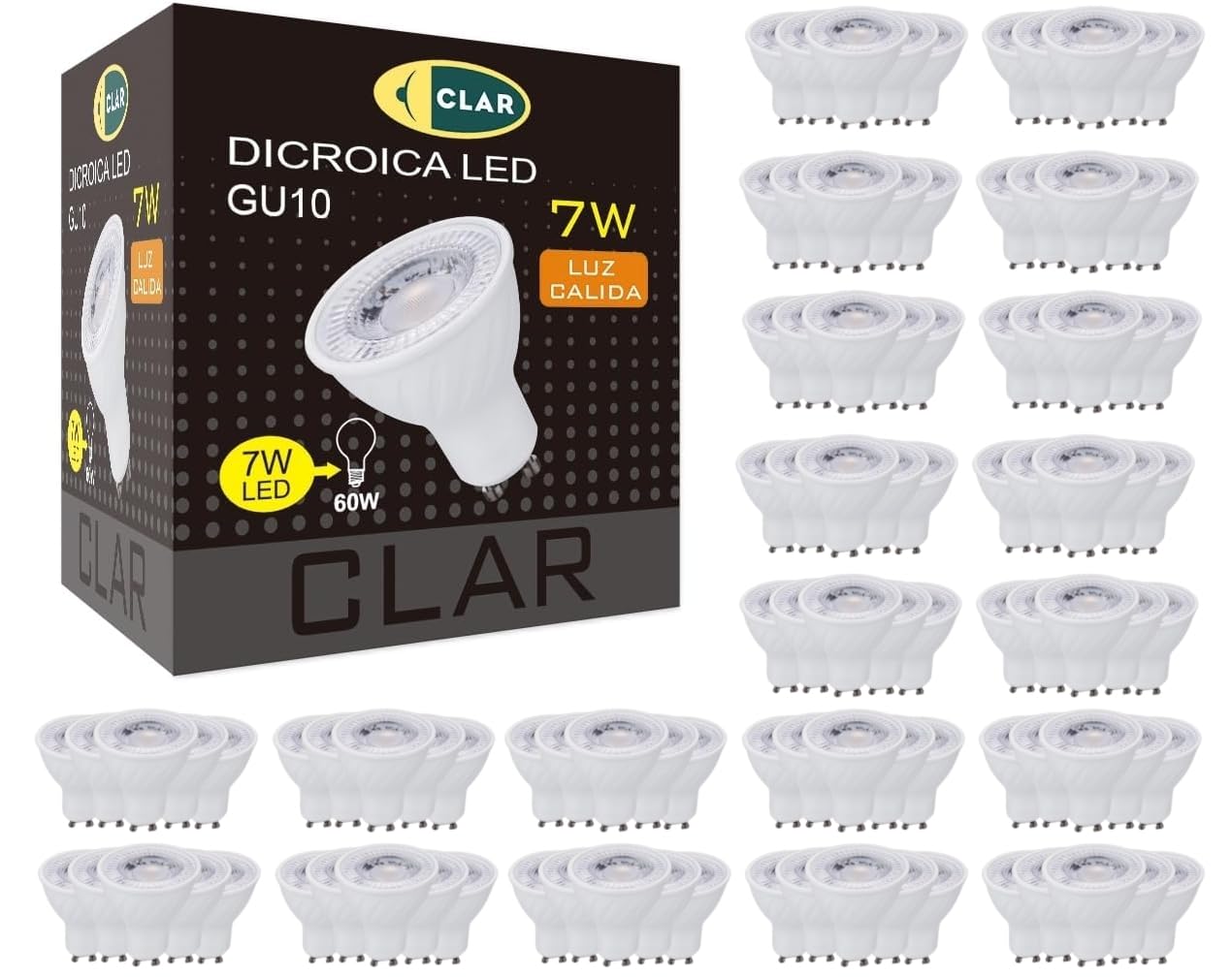 CLAR- LED GU10 LED Warmweiß, 7W GU10 LED, Leuchtmittel GU10, GU 10 LED, LED Lampe GU10, LED Leuchtmittel GU10 Warmes Weiß 3000ºk (Pack 100)