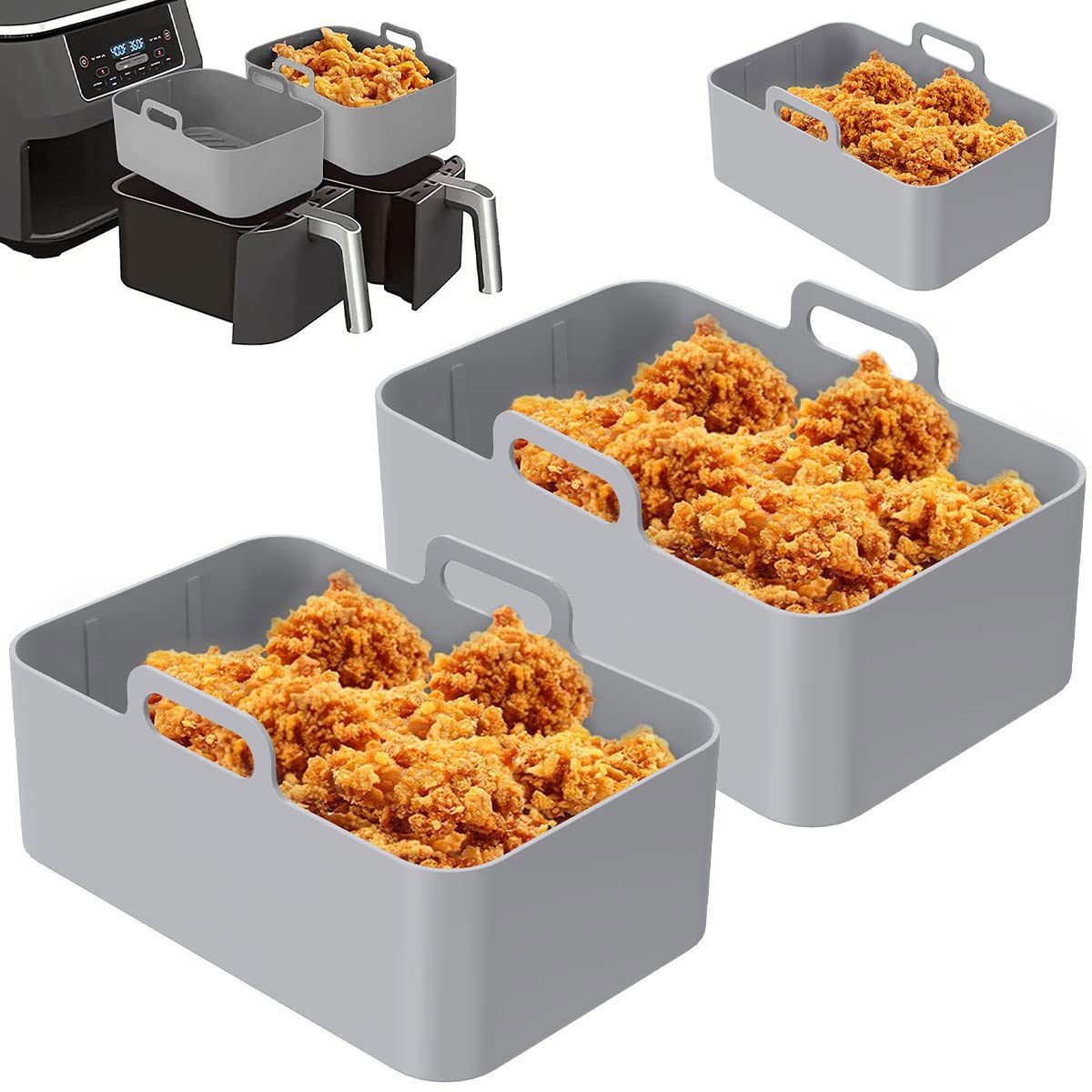 FUYGRCJ Air Fryer Silicone Pot for Double Air Fryer, Reusable Silicone Air Fryer Liner, Double Basket Air Fryer Accessories for Air Fryer, Oven and Microwave (2, Grey)