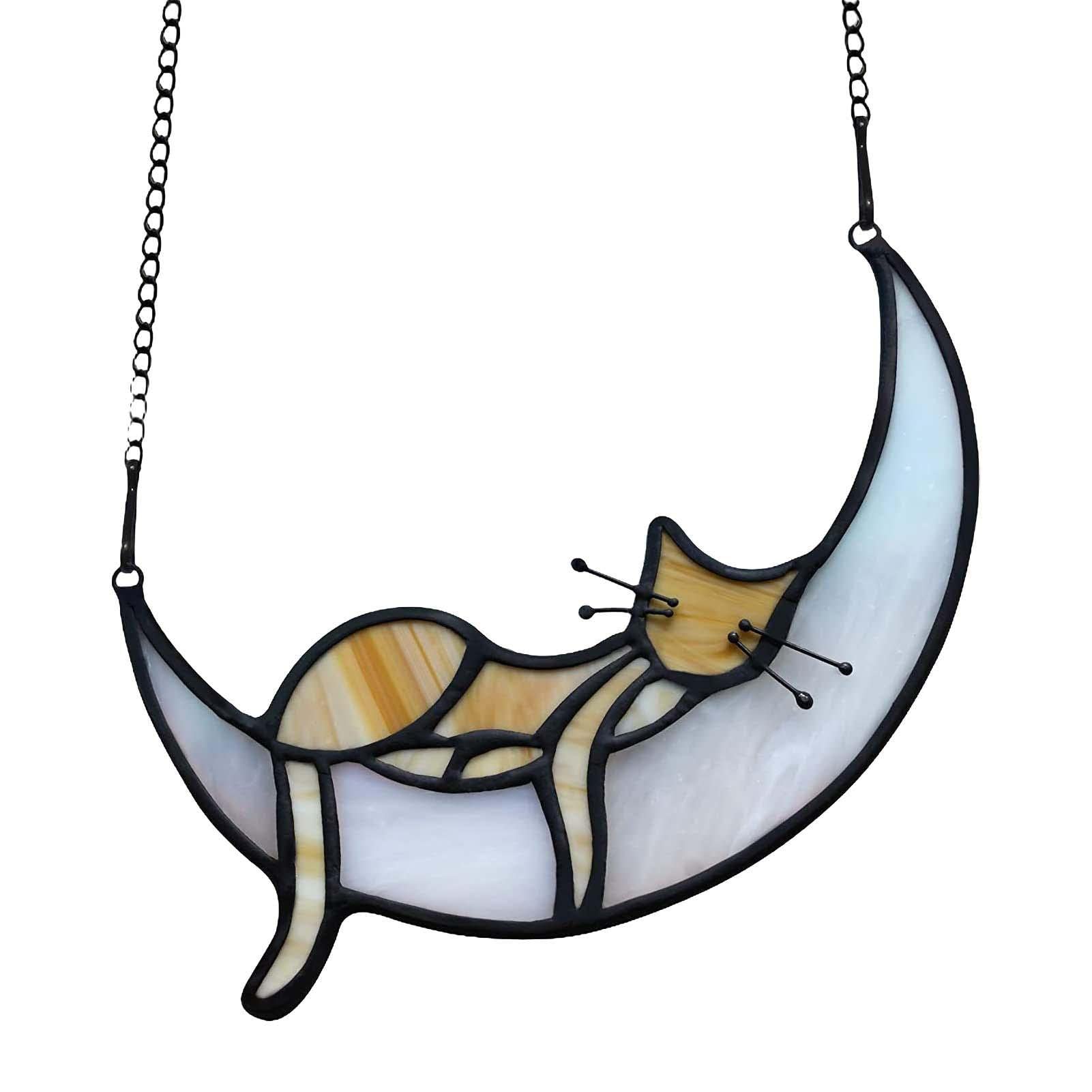 Stronrive Cat Moon Ornament - and Moon,Cat Window Decoration Crafts, 2D Colorful Cat Memorial for Cats Lovers