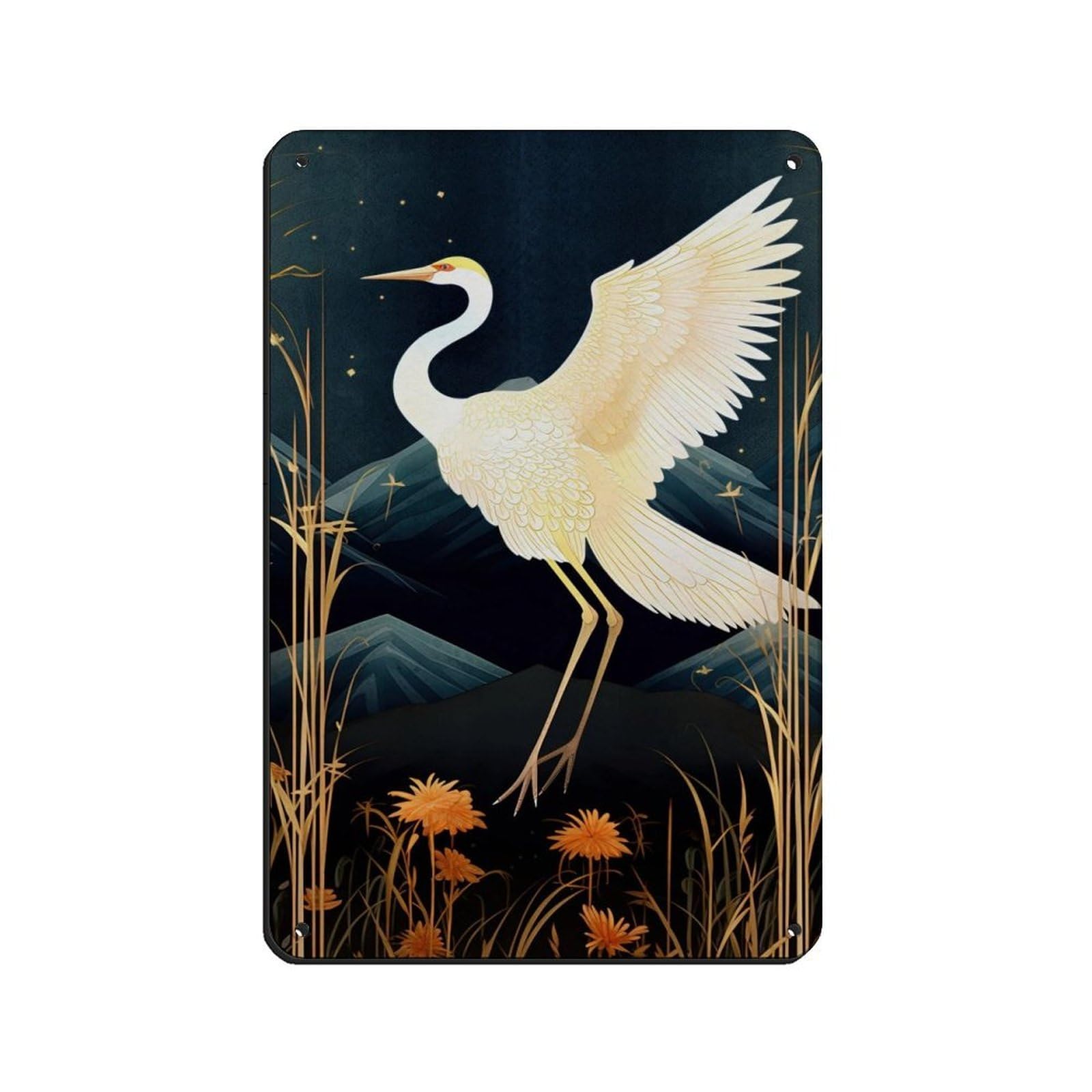Lxwnze 20L X 30W Cm Elegant White Crane Fly Bird Art Crane Poster Tin Sign Vintage Metal Pub Club Cafe Bar Home Wall Art Decoration Poster Retro 8X12inch(20X30cm)