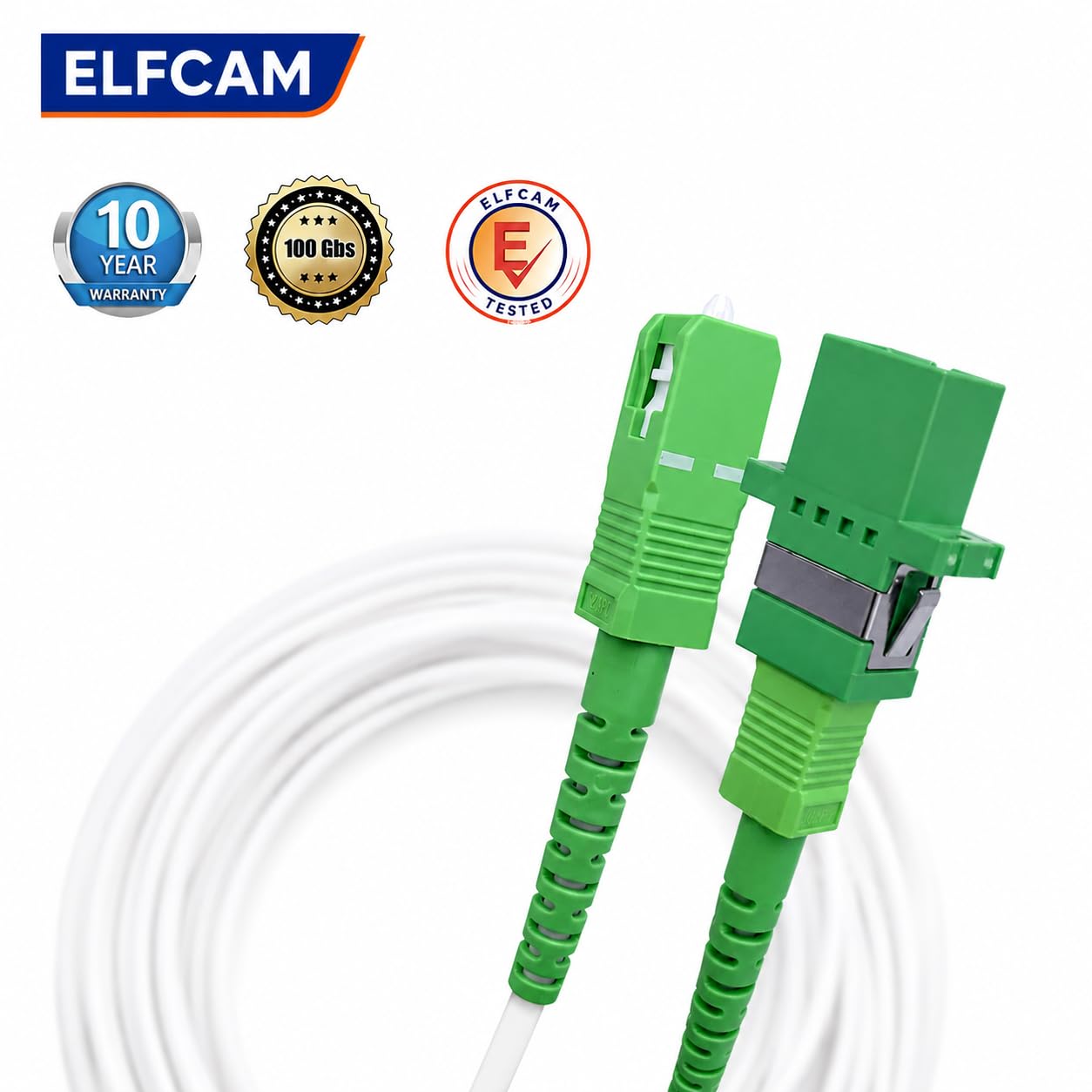 Elfcam® - Cavo Fibra Ottica SC/APC per SC/APC Simplex Monomodale, Fornito con L' adattatore per Allungare cavo fibra, Compatibile con FTTH Fibra, Bianco (1M)