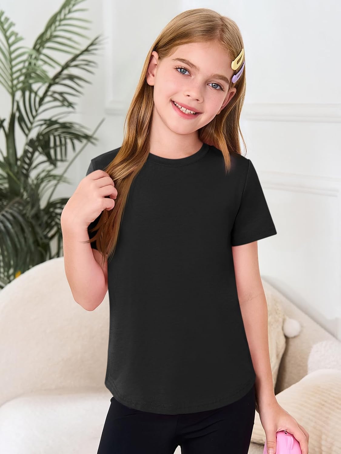Haloumoning Girls Short Sleeve T Shirts Kids Summer Crewneck Tops Curved Hem Tees 5-14 Years - Image 3