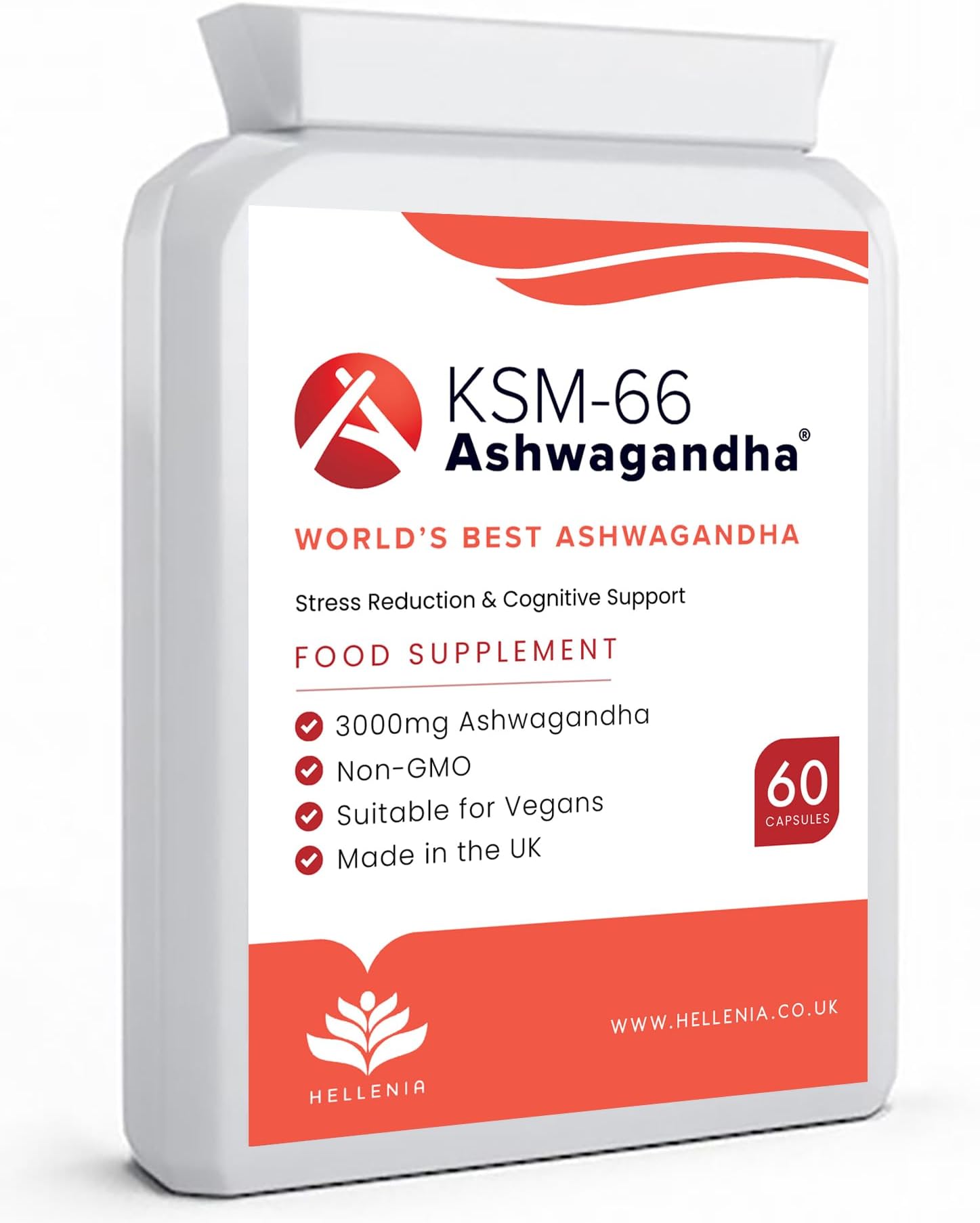 KSM 66 Ashwagandha 3000mg - 60 Capsules | Traditional Rejuvenating Properties & Immune System Support | Equivilent to 3000mg Ashwagandha per Capsule - KSM 66 Made in UK by Hellenia