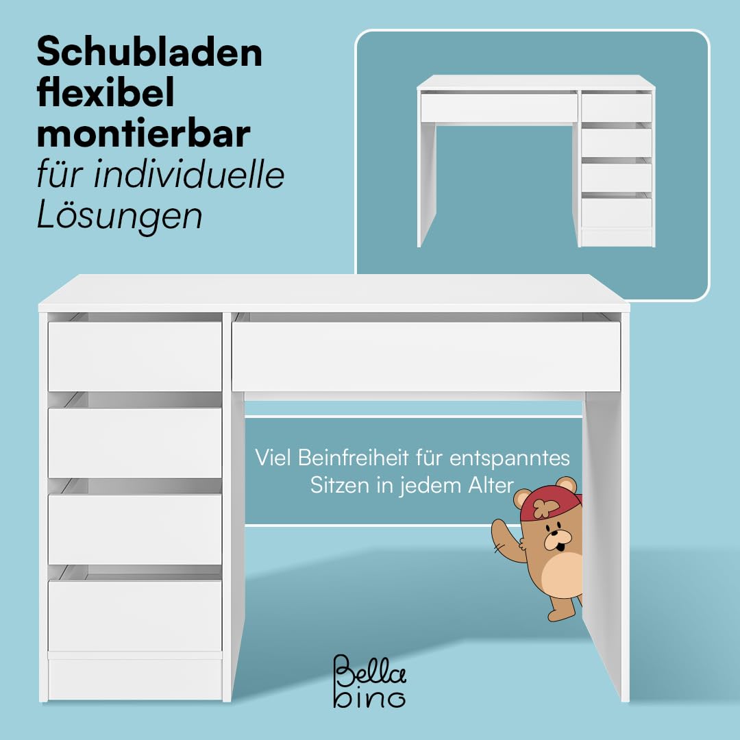 Bellabino Nore Kinderschreibtisch in Weiß mit 5 Schubladen - Jugendschreibtisch 110x53 cm - Schreibtisch Kinder ab 6 Jahren - Schülerschreibtisch mit Schubladen beidseitig montierbar für Kinderzimmer