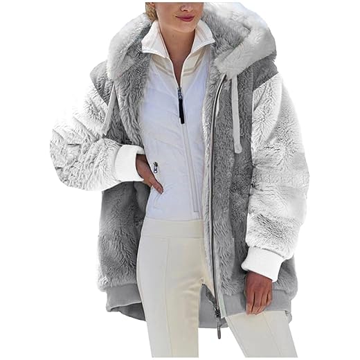 deals of the day clearance prime Oversized Fuzzy Fleece Jackets For Women Fashion 2023 Color Block Faux Fur Cardigan Coat Shaggy Warm Winter Outerwear fall jackets for women 2023 Gray XL