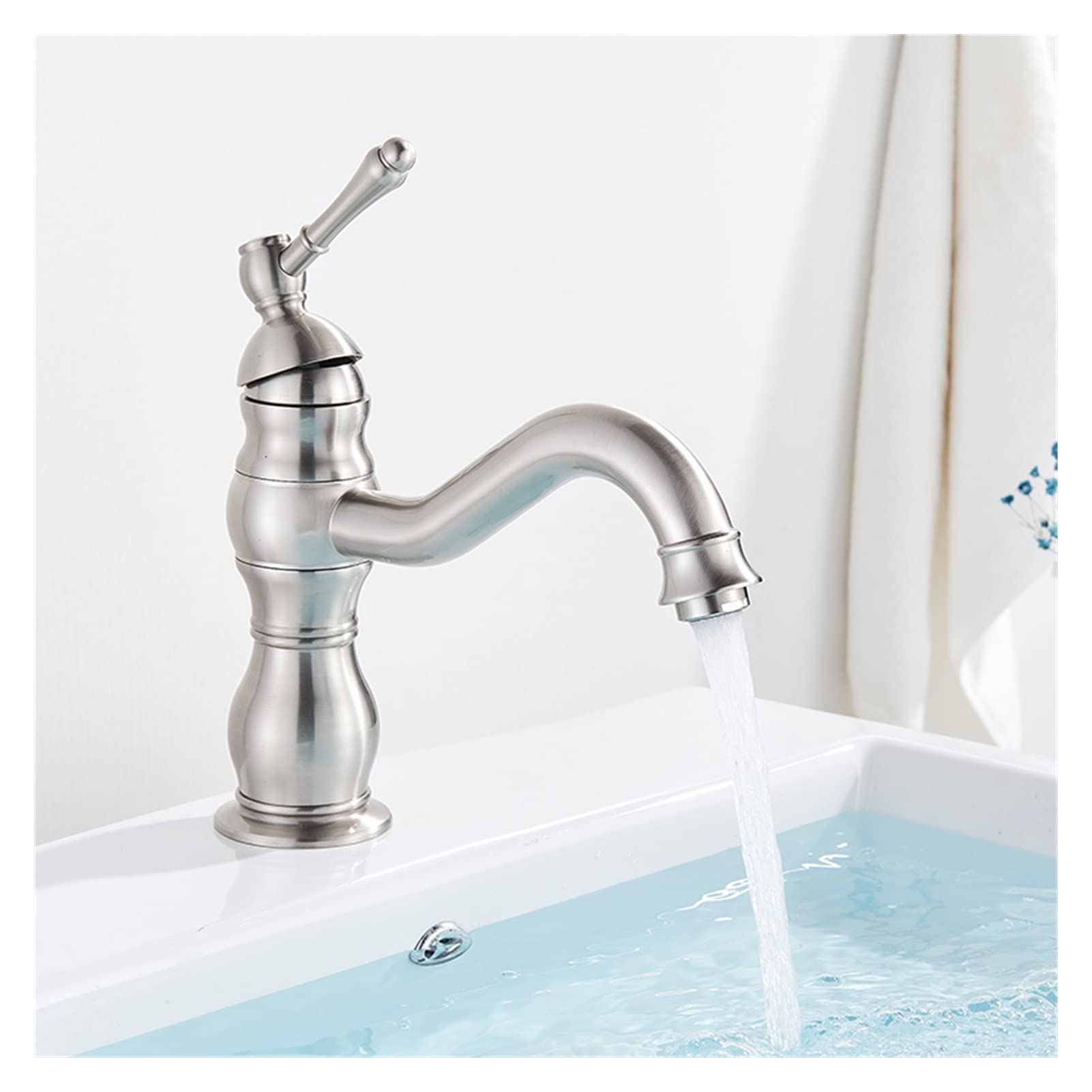 Mooilko Brushed Short Brass Antique Brass Taps Bathroom Faucet Basin Faucet Cold Water Column Mixer Deck Mounted Crane Basin Faucet Tall Short Easy To Install(Brushed Short)