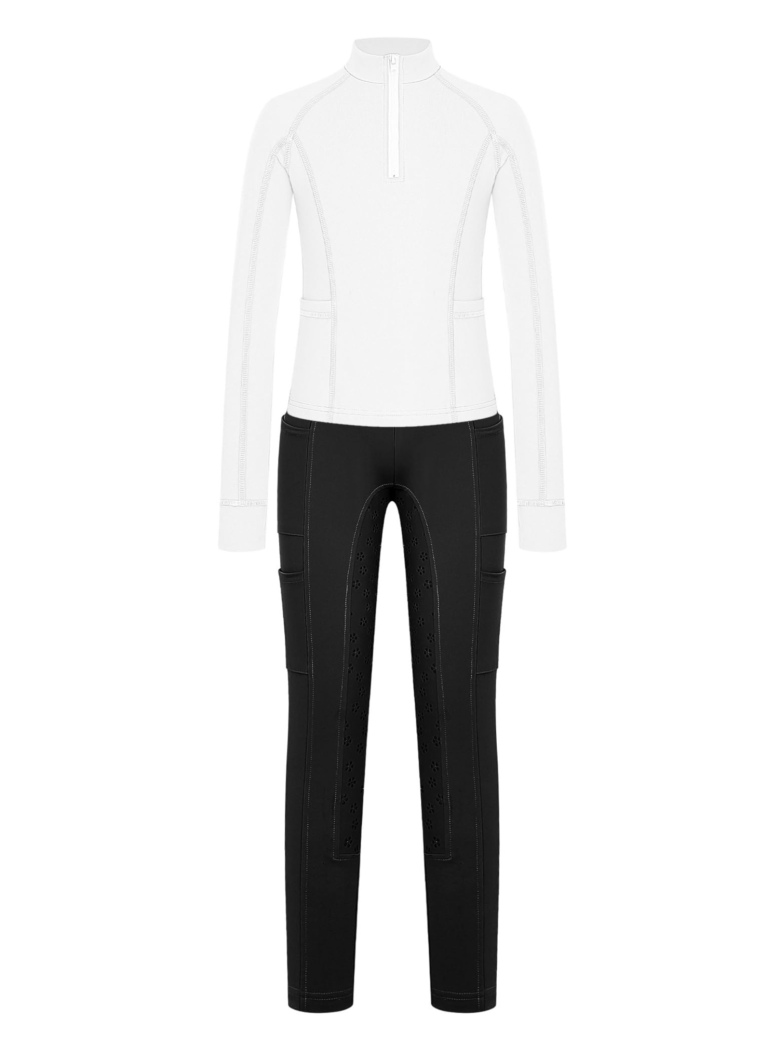 Set Equitazione Bambine sopra Lequitazione Maniche Lunghe Crop Top Completamente Ricamato Pantaloni Lequitazione Leggings con Patch in Silicone al Ginocchio
