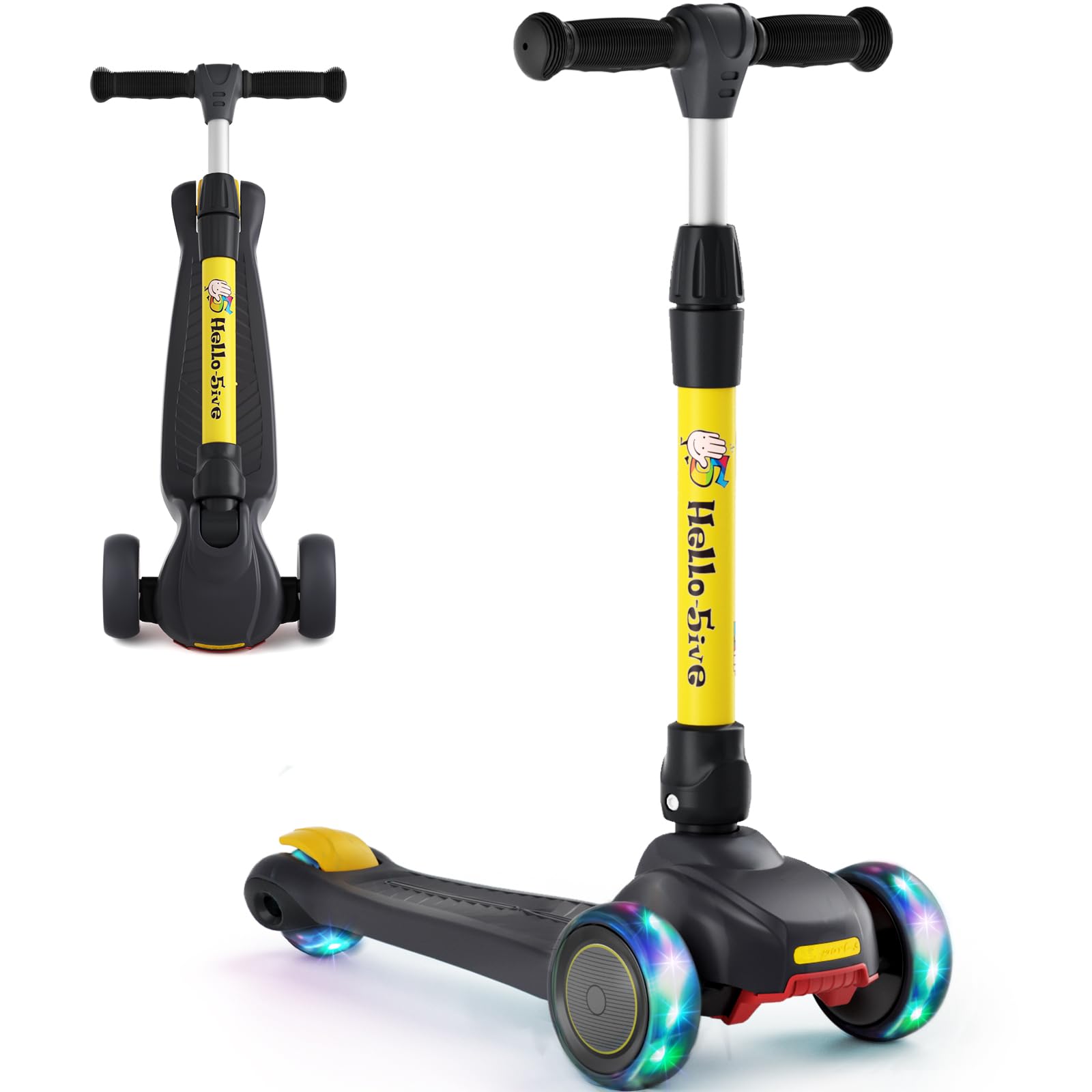 Kids Scooter Age 3,4,5,6, 3 Wheel Foldable Kick Scooter with Flashing Light-Up Wheels, 4 Level Height Adjustable Lean to Steer Lightweight Scooter for Toddler Children Boys Girls (Black&Yellow)
