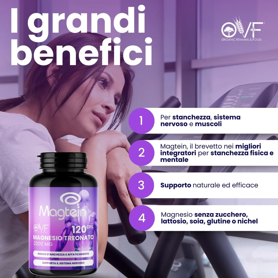 OVF Magnesio Treonato Puro Magtein ® 2000mg 120 Capsule, Magnesio Stanchezza e Sistema Nervoso, Integratore Magnesio L Treonato per Concentrazione, Stanchezza Fisica e Mentale, Senza Zucchero, Vegan