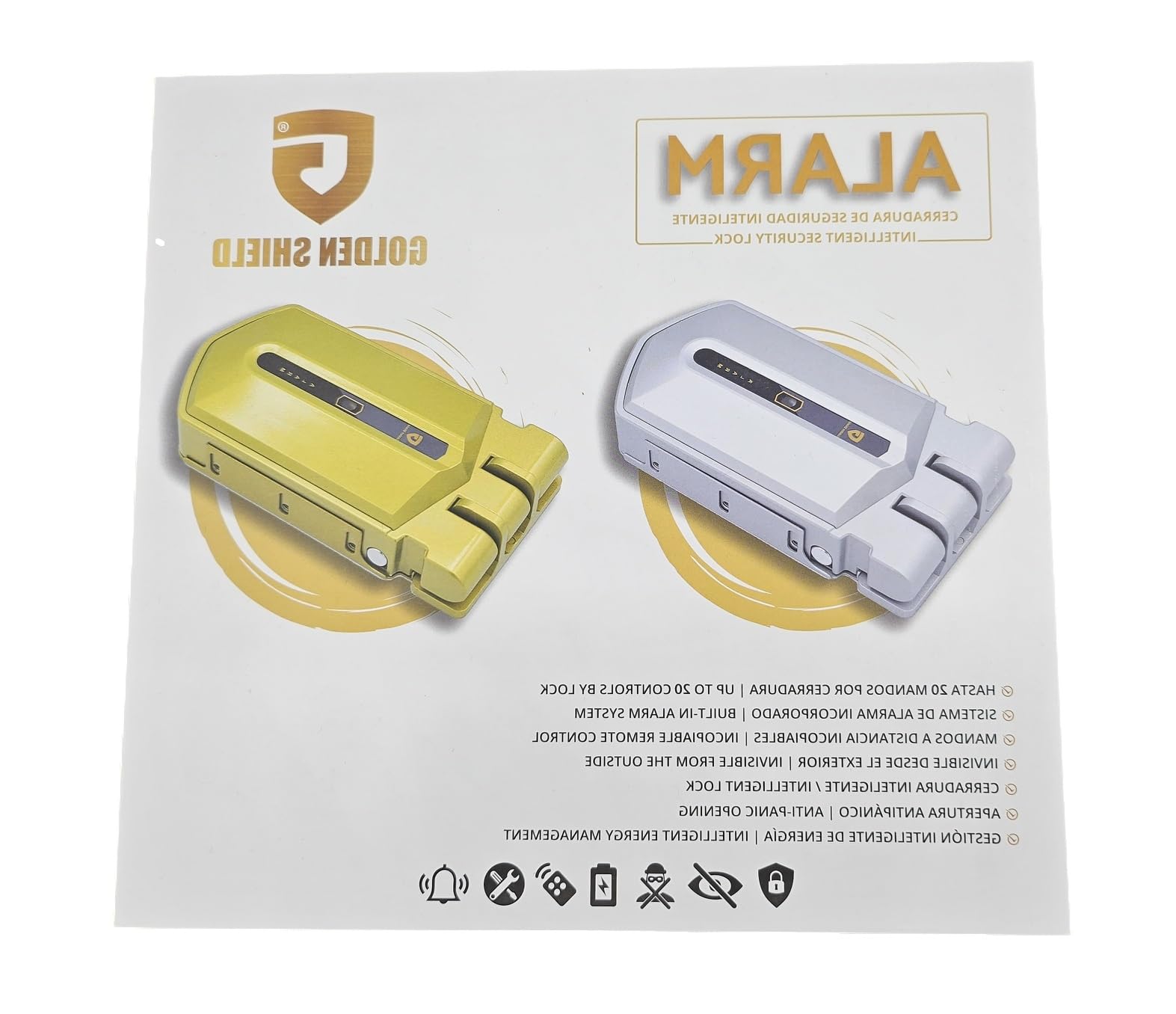 Golden Shield Cerradura Invisible de Seguridad con Alarma 120db para Puertas, Inalámbrica, con 4 Mandos a Distancia