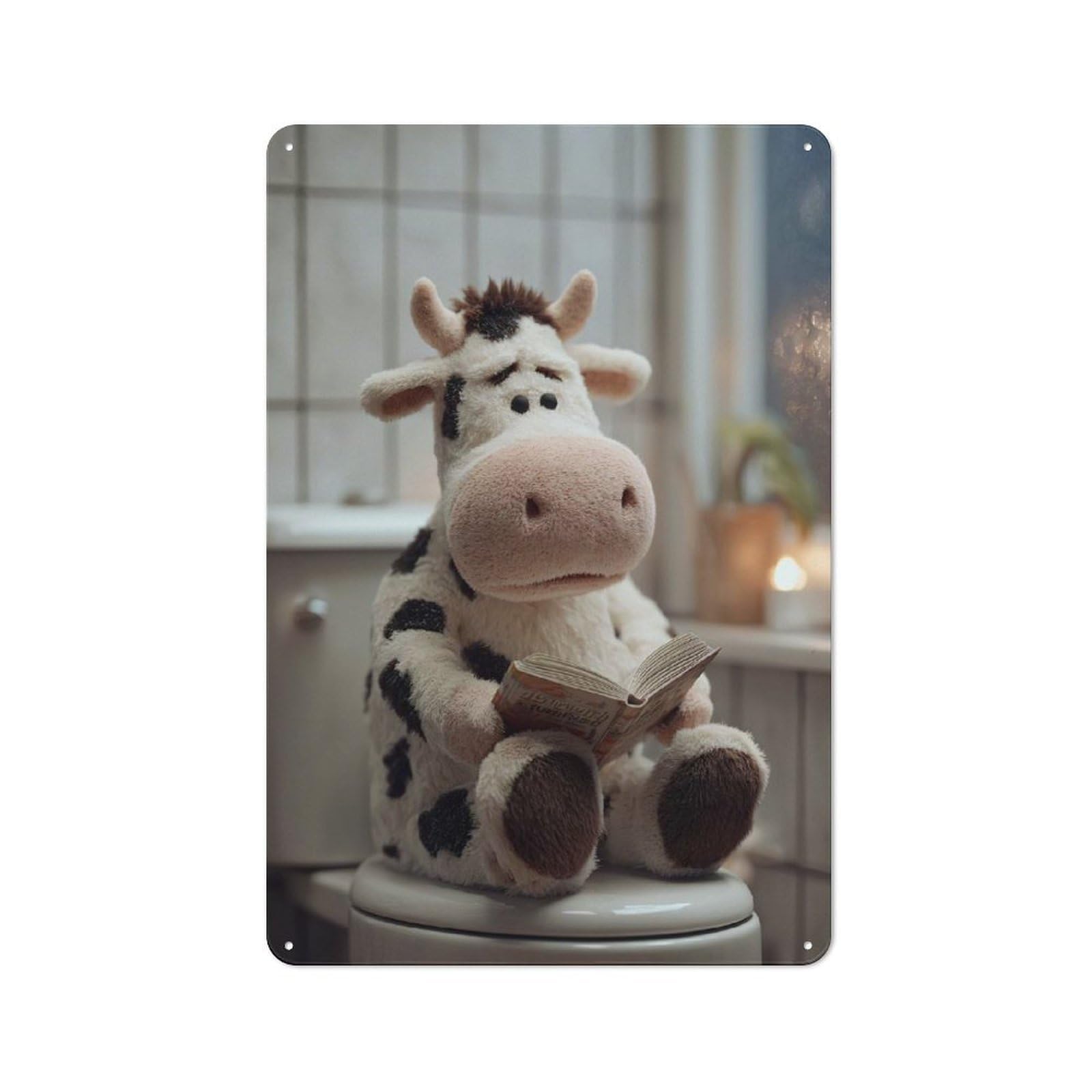 Junmoney Style-16 Tin Wall Plaque 30X20cm With Stuffed Cow Reading On Toilet For Workshop Wall, Housewarming Wall Decor For People Furnishing Workshop