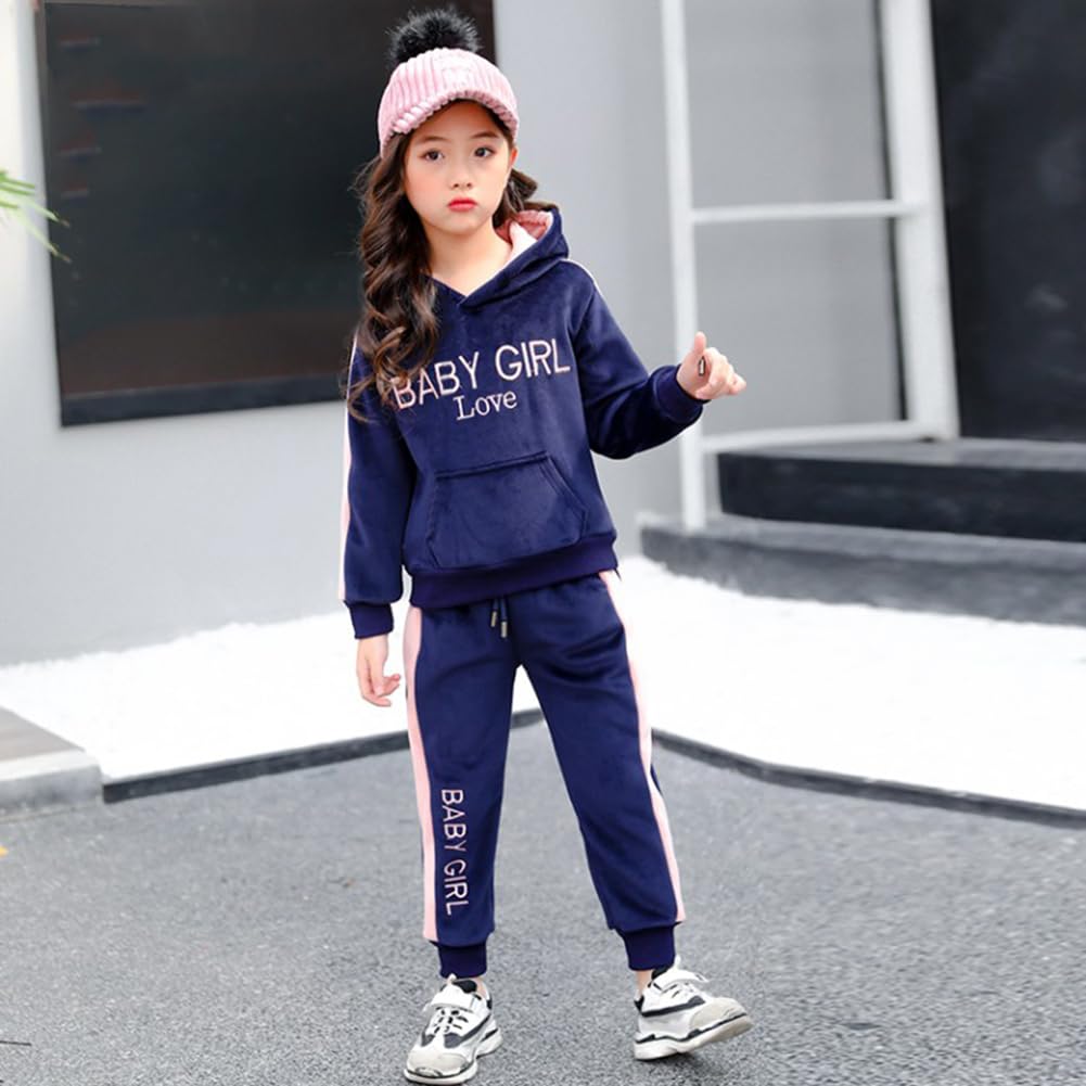 Conjunto Sudadera con Capucha y Pantalones para Niñas Ropa Deportiva Engrosamiento Chándal Terciopelo Dorado para 4-14 Años