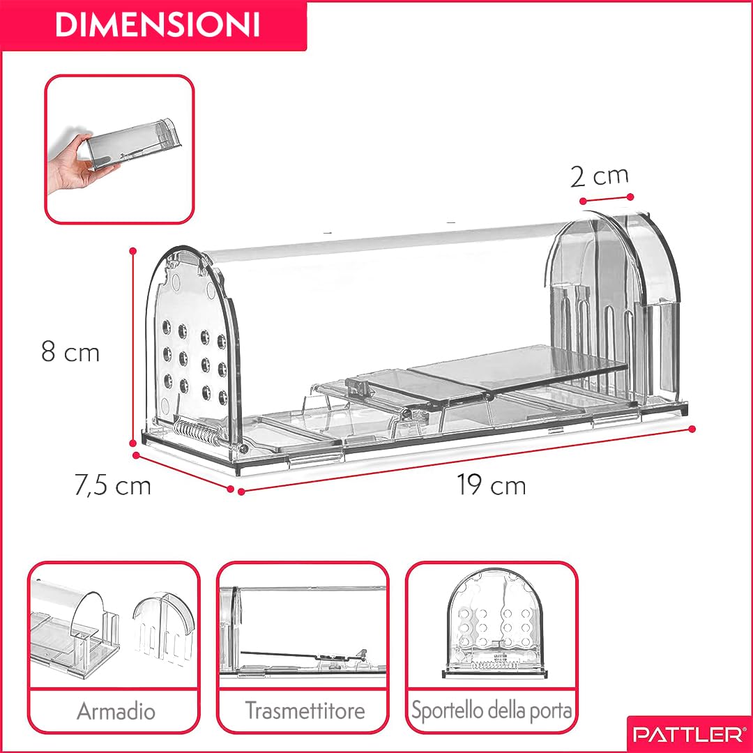PATTLER® Trappola per Topi Vivi - Trappole per topi da Esterno e Interno - Trappole topi utilizzabili con esche per topi di vario genere - Trappola per Topi Grandi e Piccoli topi - Transparente 1 Pz