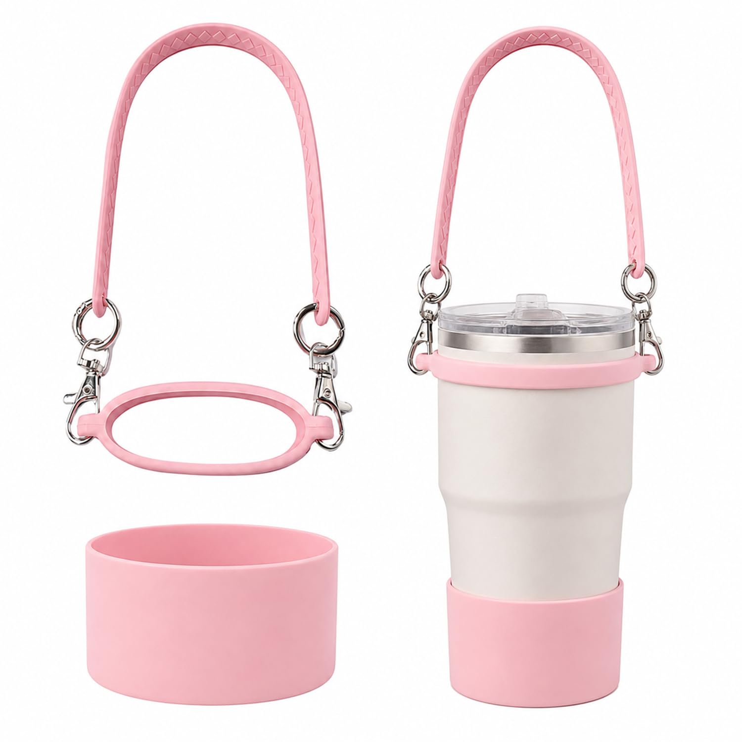 satmarhz water bottle strap set, silicone tumbler, compatible with stanley | detachable handle with cup holder ring, soft silicone boot and metal clip, compact carrier for travel, gym and daily use.