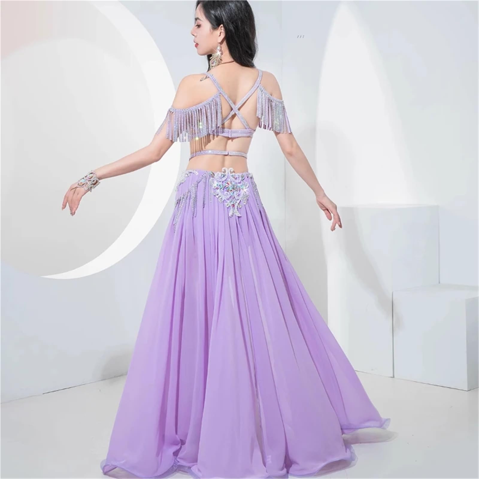 Vestiti da Ballo Latino Belly Dance Popsong Performance Tassel Bra+Sexy Long Skirt 2pcs Oriental Competition Set