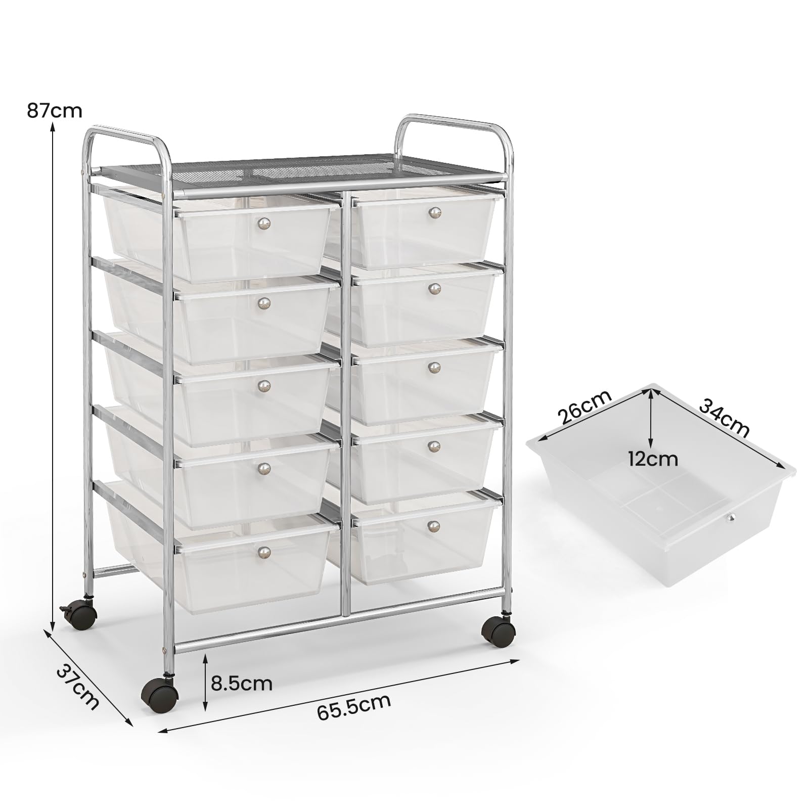 GIANTEX Carrello con 10 cassetti, impilabile, carrello per cassetti, carrello da cucina con ruote bloccabili, carrello per cucina, bagno, ufficio, 65,5 x 37 x 87 cm, trasparente