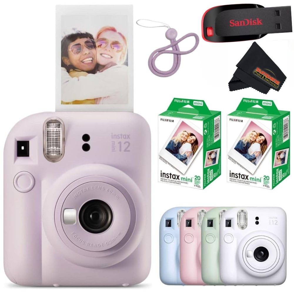 Fujifilm Instax Mini 12 Instant Camera Lilac Purple with Sandisk 32 GB USB Flash Drive + 40 Sheets Fujifilm Instax Mini Film Bundle, Sunshine Photo