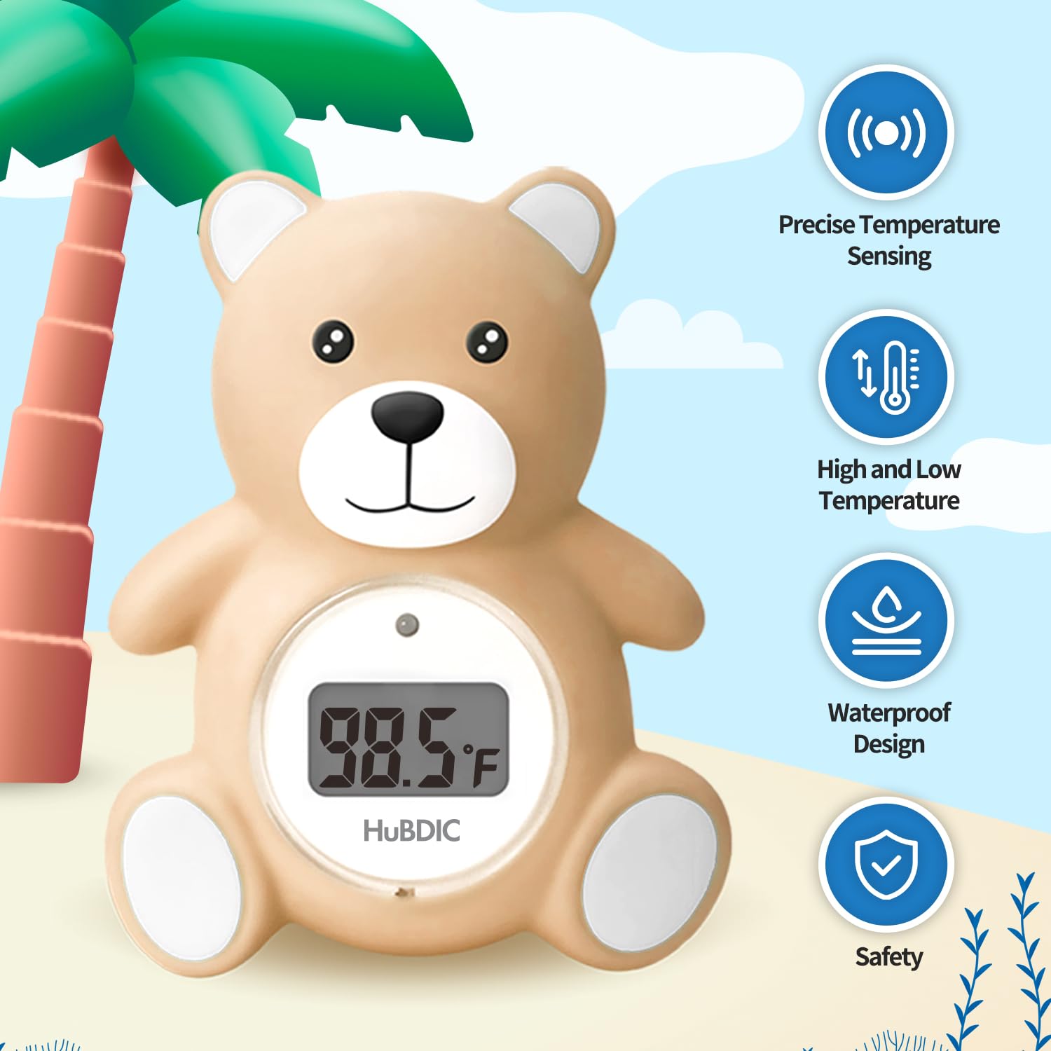 HubiBaby - Termómetro de baño para bebé y temperatura ambiente digital, productos de seguridad 2 en 1 para baño infantil con advertencia de temperatura, oso de peluche flotante (caqui)
