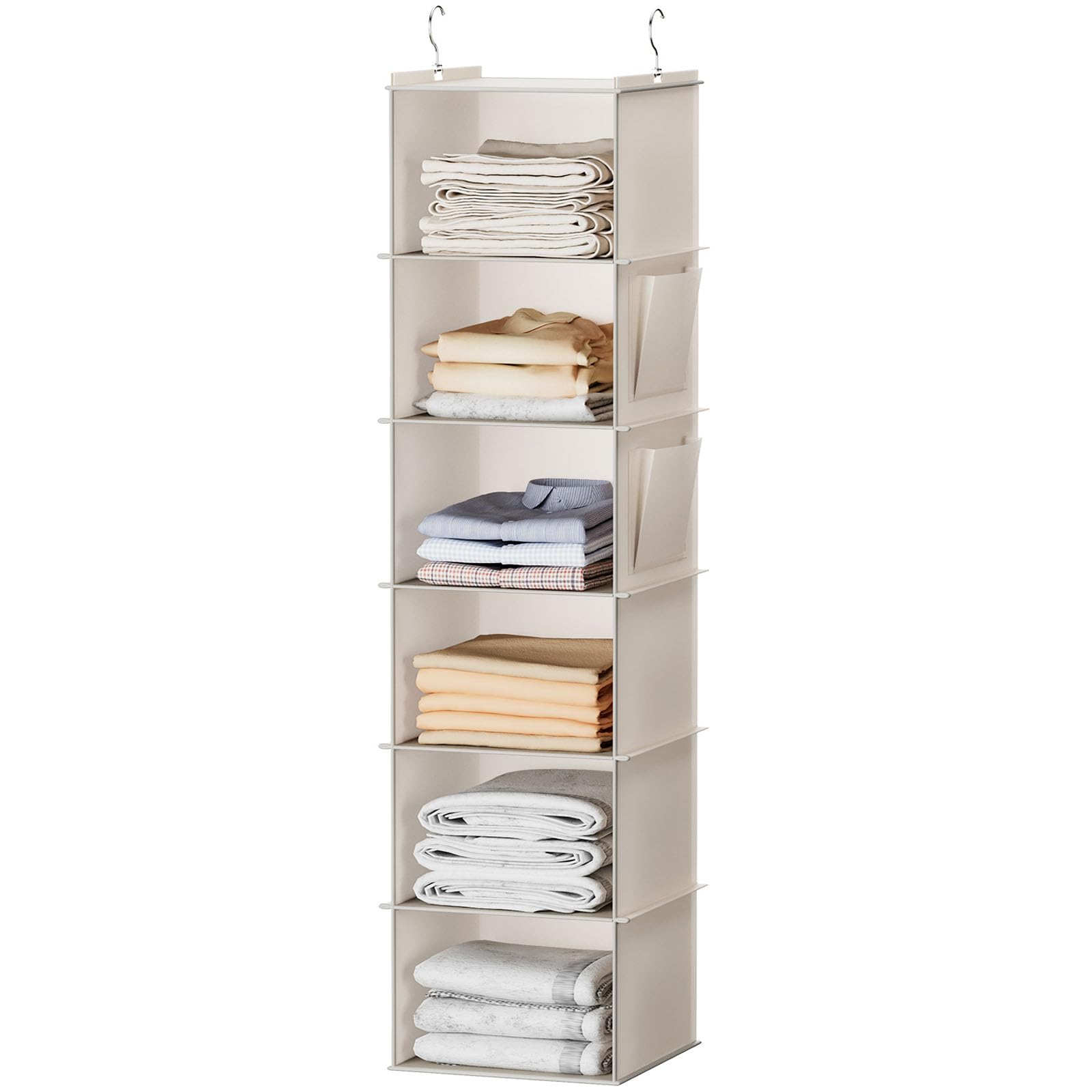 YOUDENOVA Hanging Closet Organizer, 6-Shelf Cloth Hanging Storage with Side Pockets,Beige