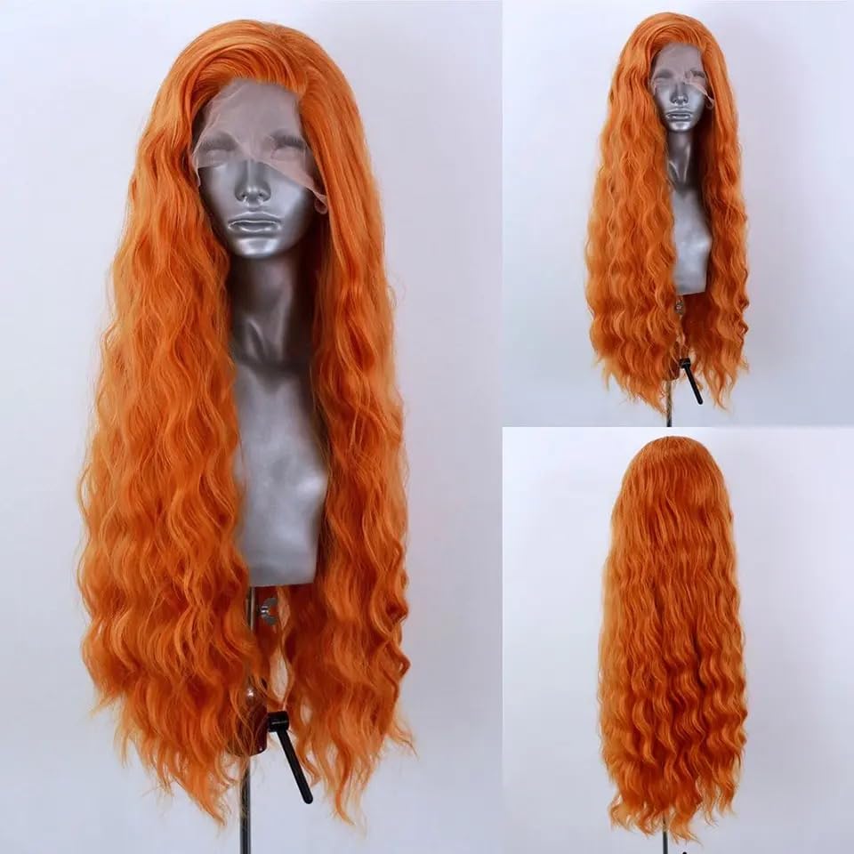 Long Water Wave Orange Hair Lace Front Wig, 22.5 in, heat resistant synthetic fiber
