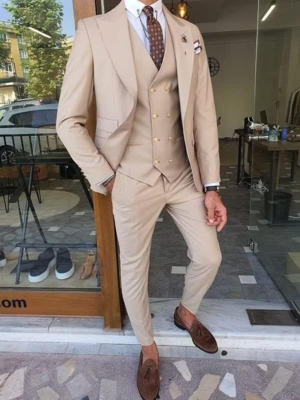 Men's Suits Slim Fit 3 Piece Suits for Men Double Breasted Suit Gold Button Blazer Wedding Suits Jacket Vest & Pants Set4