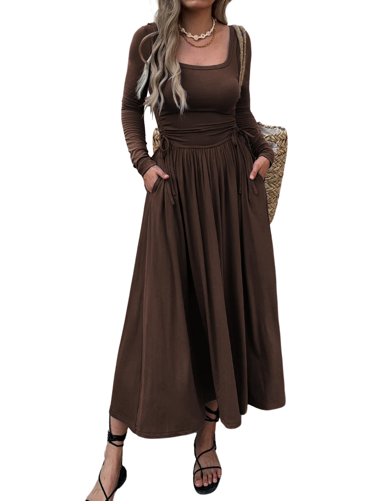 Womens Long Sleeve Square Neck Maxi Dress Adjustable Waist Tie Casual Flowy A-Line Pleated Dresses with Pockets