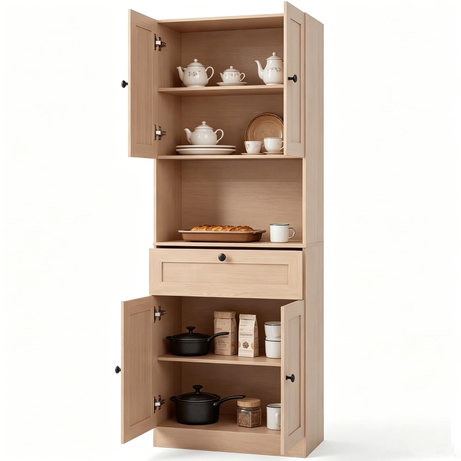 TANGZON Tall Kitchen Cupboard, 4-Door Pantry Cabinet with Adjustable Shelf, Drawer, Countertop & Anti-tipping Kits, Freestanding Sideboard Kitchen Storage Unit for Dining Living Room (Beech Color) — image 1