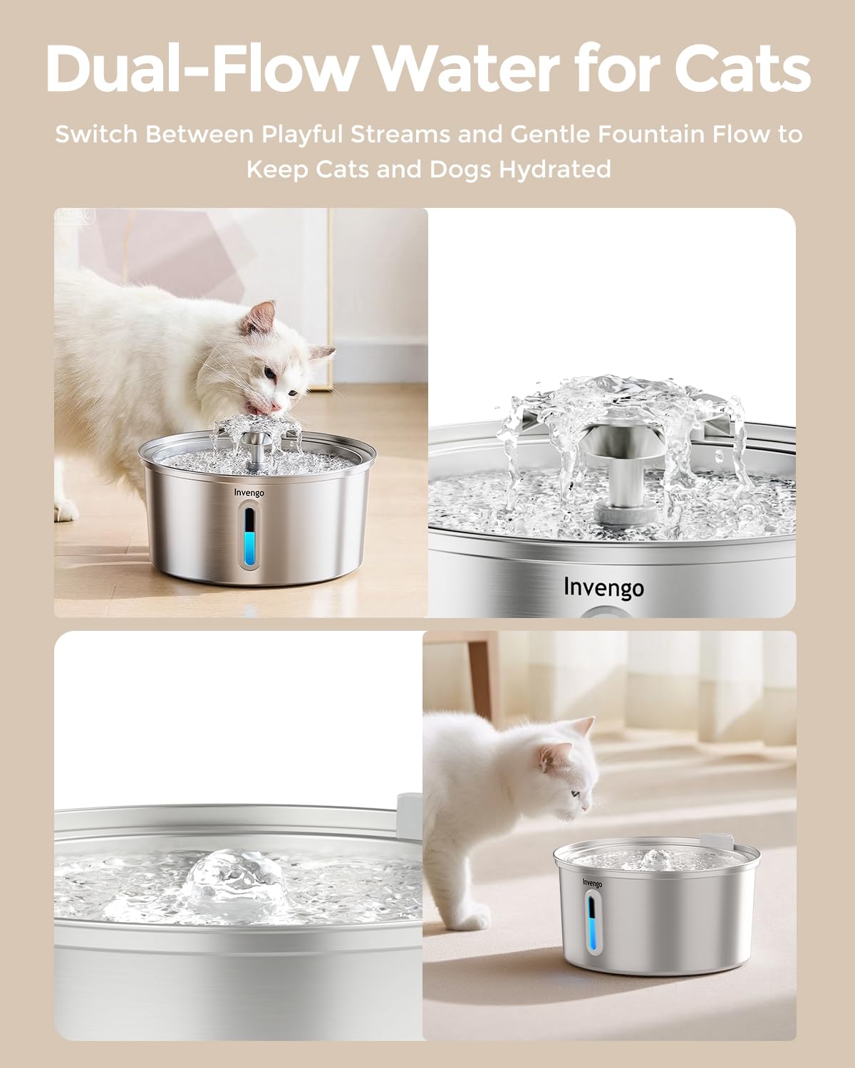 Invengo Fuente para Gatos Acero Inoxidable, 3.2L Fuente para Gatos Acero Inoxidable con Boquilla de Flor & 12 Filtros de Repuesto para Fuente de Agua