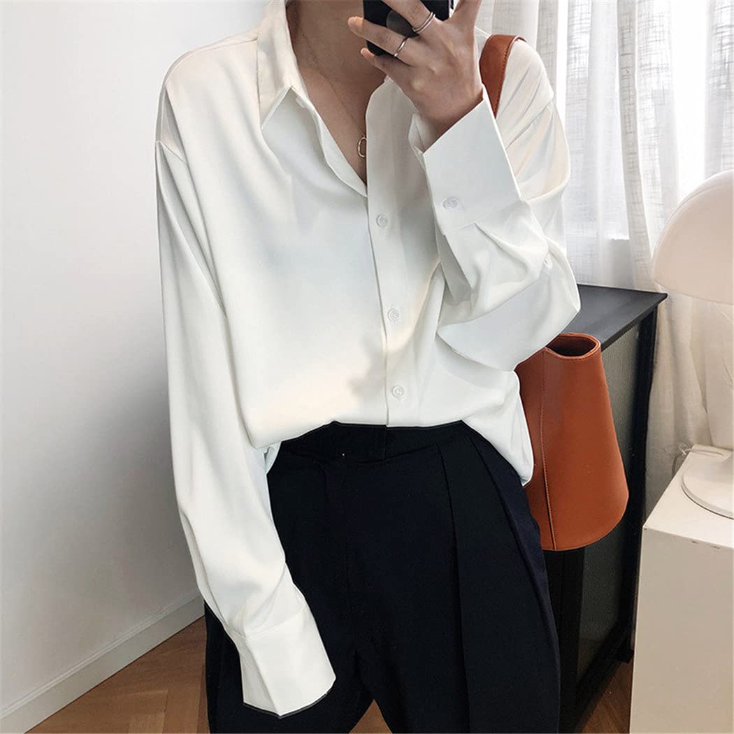 Camisas Elegantes de satén para Mujer, Camisas de Oficina Elegantes sólidas de Manga Larga, Blusas de Trabajo con Cuello Vuelto para Mujer