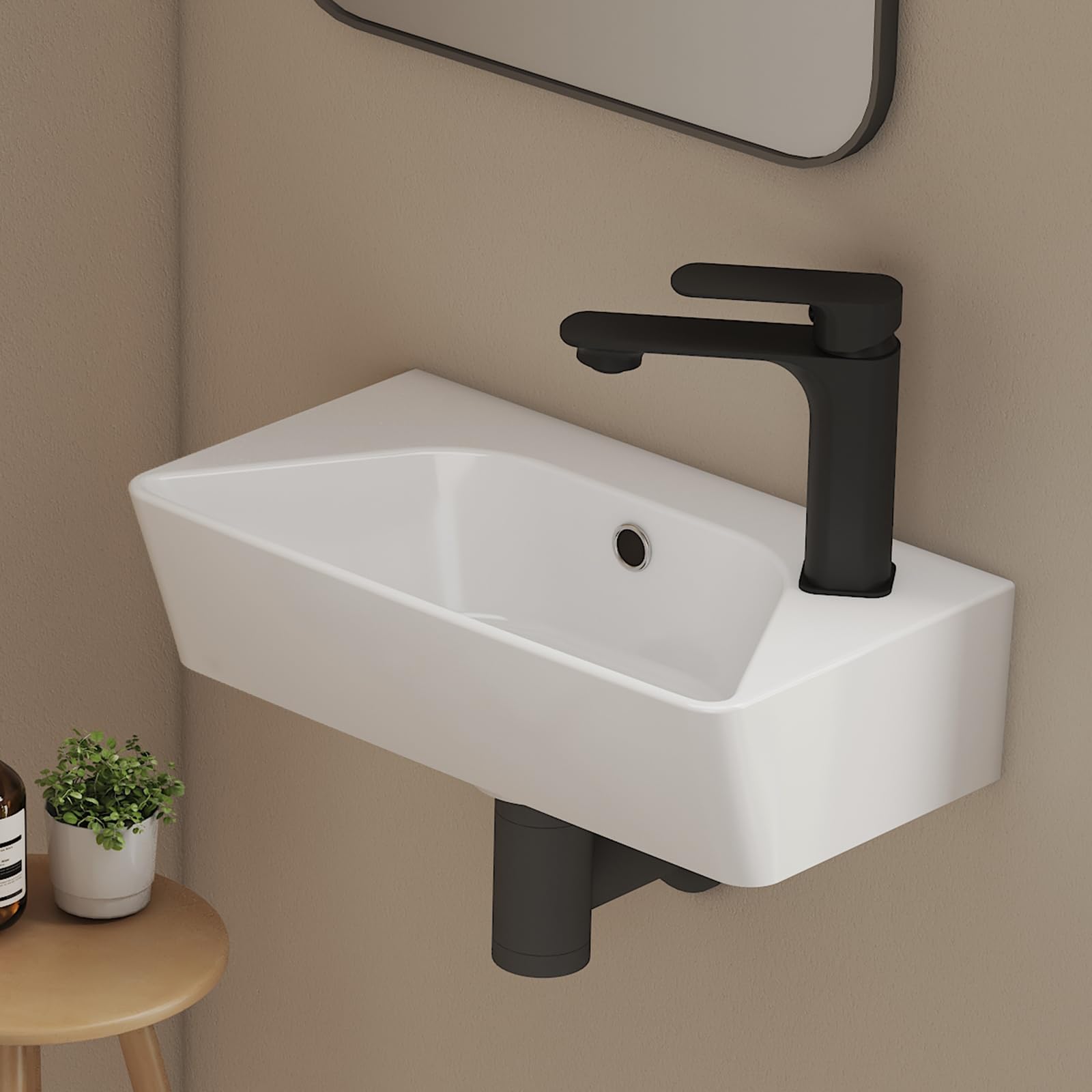 EMKE Piccolo lavandino rettangolare 40,0 × 22,5 × 13,0 cm, in ceramica, con foro per rubinetto e troppopieno, piccolo lavandino a mano, ideale per bagno e WC degli ospiti, bianco
