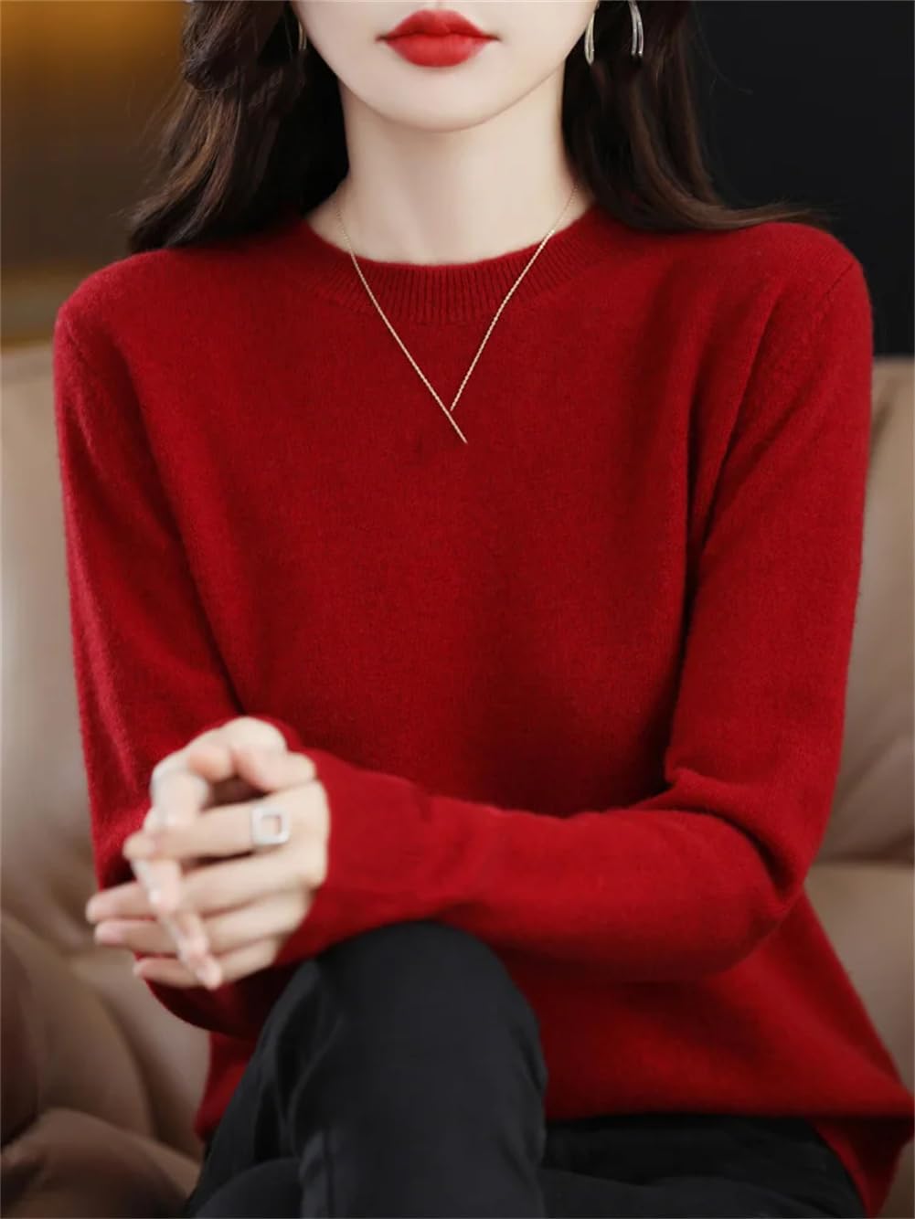Maglione da donna in 100% lana merino, tinta unita, a girocollo, a maniche lunghe, morbido