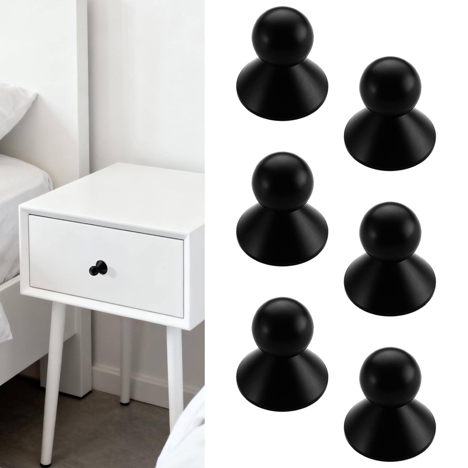 CoreFunc 6 Pack Adhesive Knobs Black Peel and Stick Cabinet Handles Stick on Drawer Pulls Removable Adhesive Attached Sliding Mirror Knobs Screwless No Drill Pulls for Dresser Closet Containers Lid