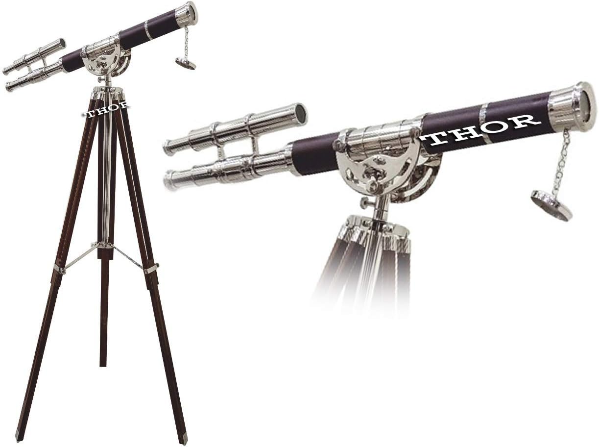 Nautical Vintage Brass Telescope Covered Leather Marine with Wooden Tripod Stand Gift Rustic Vintage Home Decor Gifts